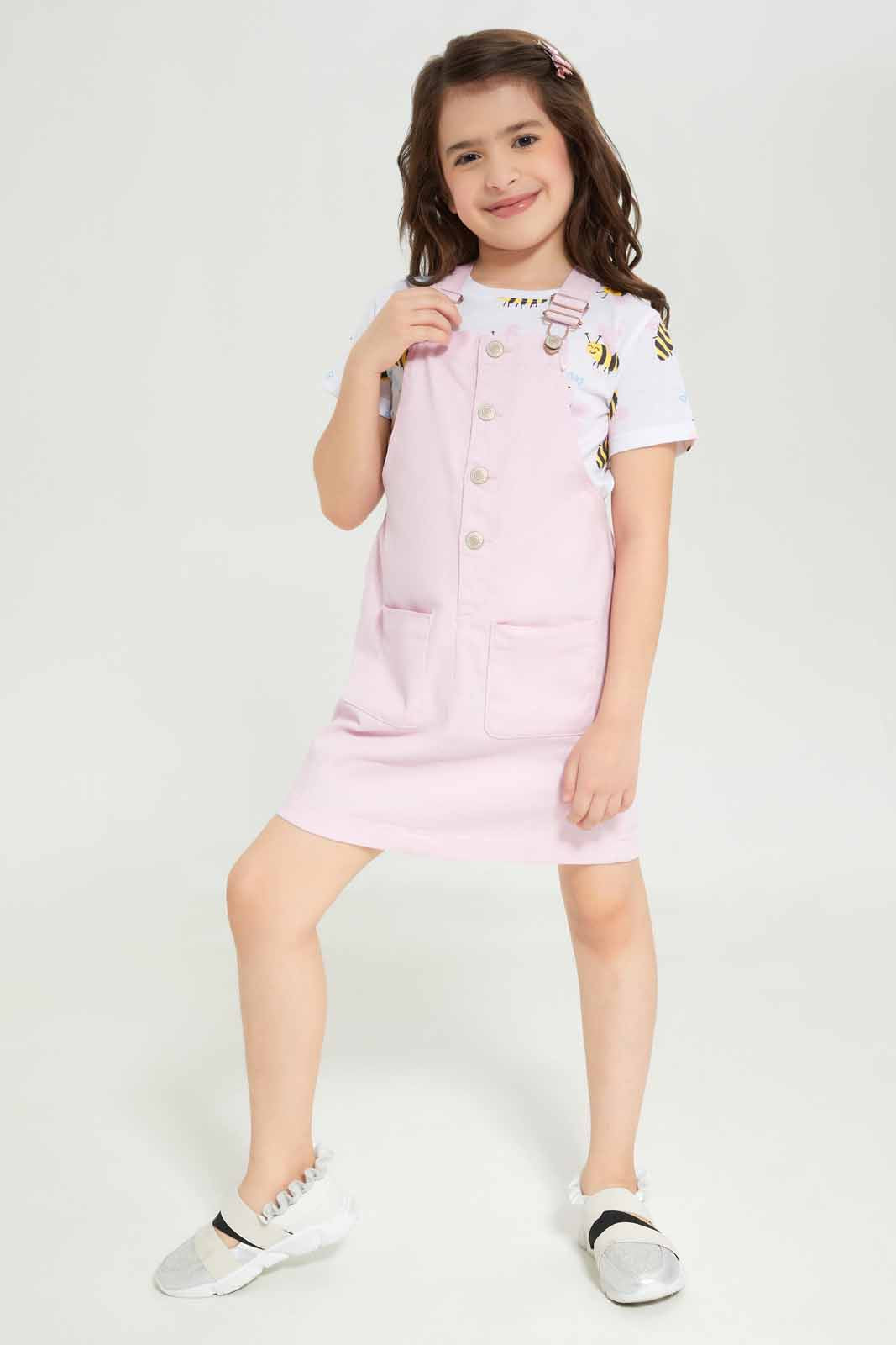 Redtag-Girls-Denim-Pinni---Pink,-White-Bees-&-Hearts-Category:Dresses,-Colour:Apricot,-Deals:New-In,-Dept:Girls,-Filter:Girls-(2-to-8-Yrs),-GIR-Dresses,-New-In-GIR-APL,-Non-Sale,-S23A,-Section:Girls-(0-to-14Yrs)-Girls-