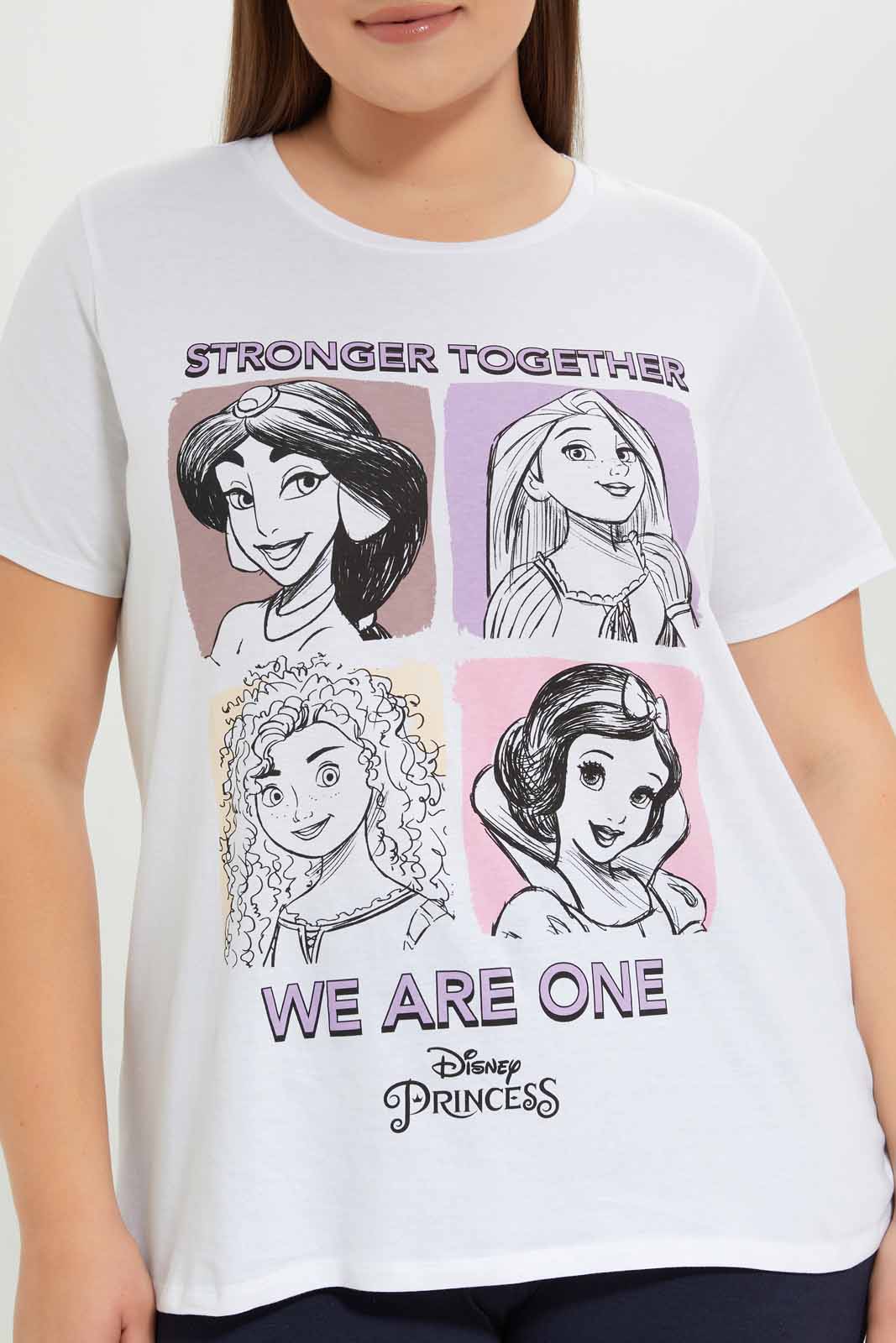 Redtag-Women-White-Disney-Princess-Placement-Print-T-Shirt-Category:T-Shirts,-CHA,-Colour:White,-Deals:New-In,-Dept:Ladieswear,-Filter:Plus-Size,-LDP-T-Shirts,-New-In-LDP-APL,-Non-Sale,-S23A,-Section:Women,-TBL-Women's-
