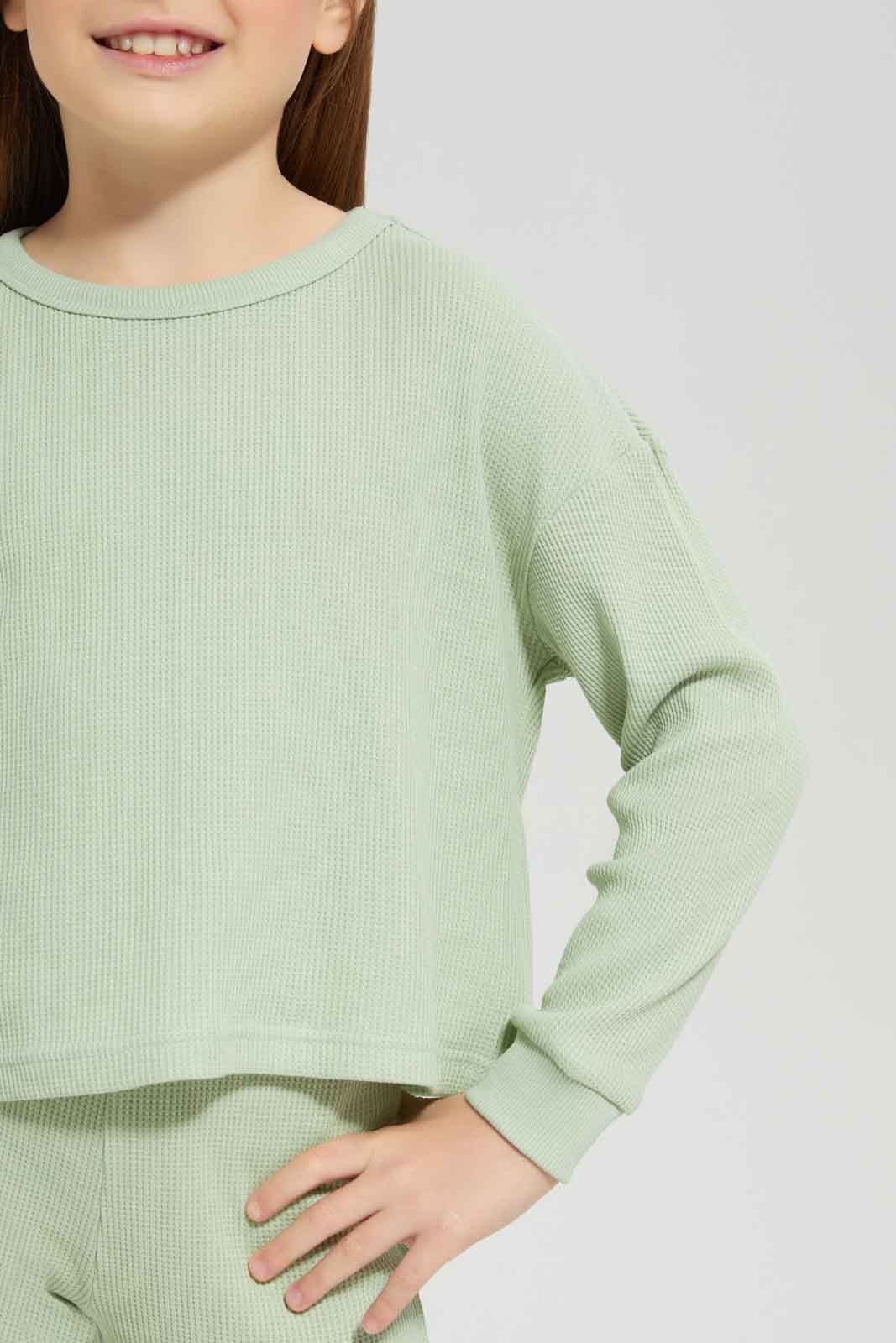 Redtag-Girls-Green-Waffle-Top-Category:Sweatshirts,-Colour:Green,-Deals:New-In,-Dept:Girls,-Filter:Girls-(2-to-8-Yrs),-GIR-Sweatshirts,-New-In-GIR-APL,-Non-Sale,-S23A,-Section:Girls-(0-to-14Yrs)-Girls-2 to 8 Years