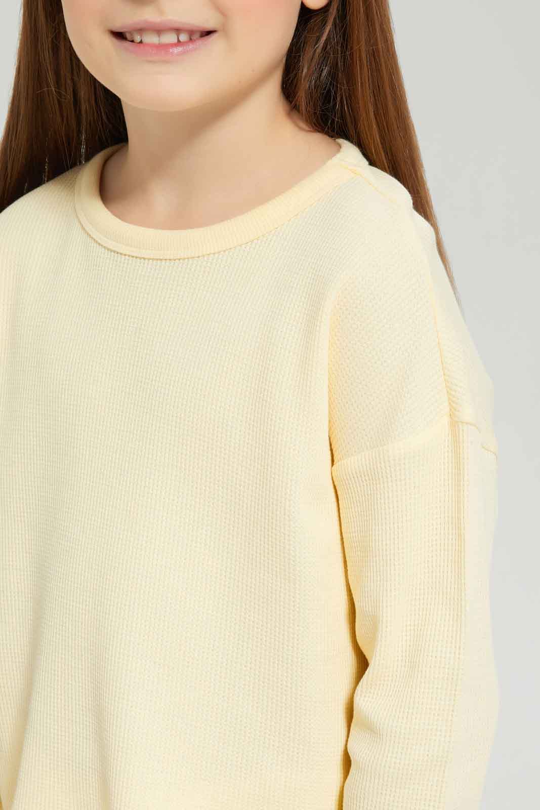 Redtag-Girls-Yellow-Waffle-Top-Category:Sweatshirts,-Colour:Yellow,-Deals:New-In,-Dept:Girls,-Filter:Girls-(2-to-8-Yrs),-GIR-Sweatshirts,-New-In-GIR-APL,-Non-Sale,-S23A,-Section:Girls-(0-to-14Yrs)-Girls-2 to 8 Years
