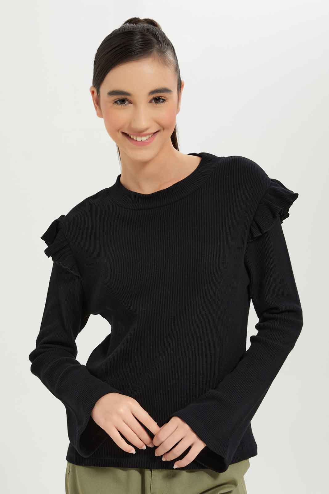 Redtag-Girls-Black-Highneck-Ruffled-Sleeve-Waffle-Top-Category:T-Shirts,-Colour:Black,-Deals:New-In,-Dept:Girls,-Filter:Senior-Girls-(8-to-14-Yrs),-GSR-T-Shirts,-New-In-GSR-APL,-Non-Sale,-S23A,-Section:Girls-(0-to-14Yrs)-Senior-Girls-9 to 14 Years