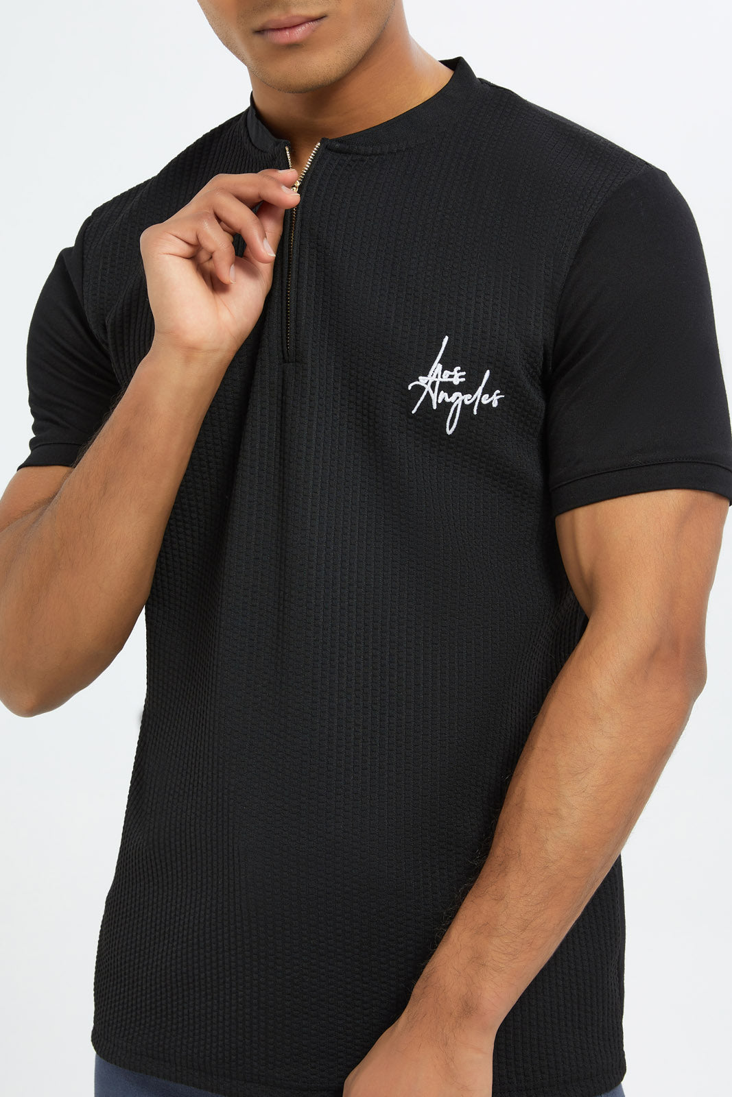 Redtag-Men-Black-Half-Zip-Logo-T-Shirt-Category:T-Shirts,-Colour:Black,-Deals:New-In,-Dept:Menswear,-Filter:Men's-Clothing,-H1:MWR,-H2:GEN,-H3:TSH,-H4:TSH,-Men-T-Shirts,-New-In-Men-APL,-Non-Sale,-RMD,-S23C,-Season:S23C,-Section:Men-Men's-