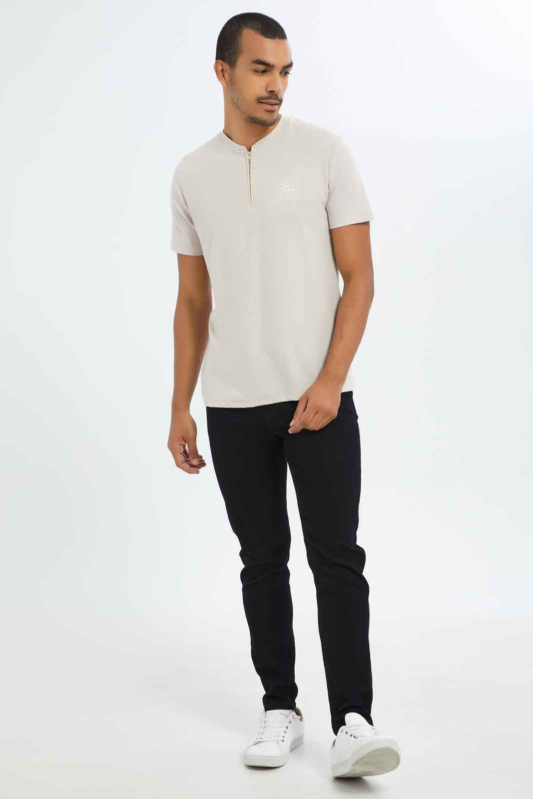 Redtag-Men-Beige-Half-Zip-Logo-T-Shirt-Category:T-Shirts,-Colour:Beige,-Deals:New-In,-Dept:Menswear,-Filter:Men's-Clothing,-Men-T-Shirts,-New-In-Men-APL,-Non-Sale,-S23B,-Section:Men-Men's-