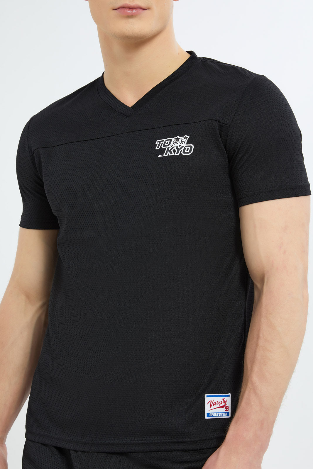 Redtag-Men-Black-Mesh-Varsity-T-Shirt-Category:T-Shirts,-Colour:Black,-Deals:New-In,-Dept:Menswear,-Filter:Men's-Clothing,-Men-T-Shirts,-New-In-Men-APL,-Non-Sale,-S23C,-Section:Men-Men's-