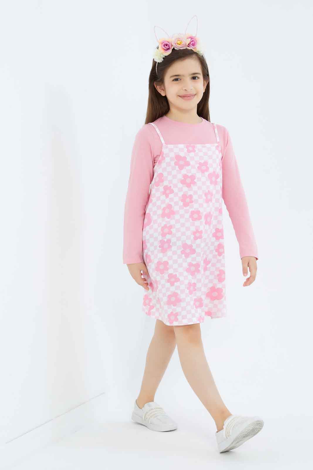 Redtag-Girls-Two-Piece-Slip-Dress---Flower-Aop-Category:Dresses,-Colour:Apricot,-Deals:New-In,-Dept:Girls,-Filter:Girls-(2-to-8-Yrs),-GIR-Dresses,-New-In-GIR-APL,-Non-Sale,-S23B,-Section:Girls-(0-to-14Yrs)-Girls-2 to 8 Years
