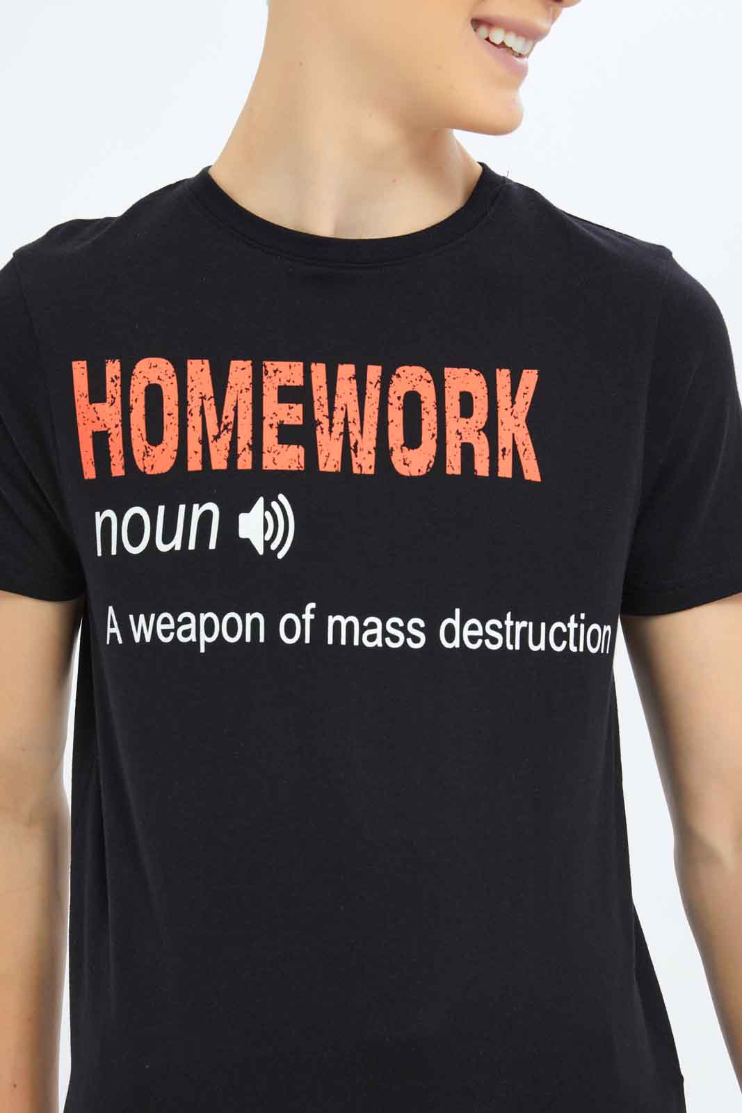Redtag-Boys-Black-Homework-Noun-Graphic-Tee-BSR-T-Shirts,-Category:T-Shirts,-Colour:Black,-Deals:New-In,-Dept:Boys,-Filter:Senior-Boys-(8-to-14-Yrs),-New-In-BSR-APL,-Non-Sale,-S23B,-Section:Boys-(0-to-14Yrs),-TBL-Senior-Boys-9 to 14 Years