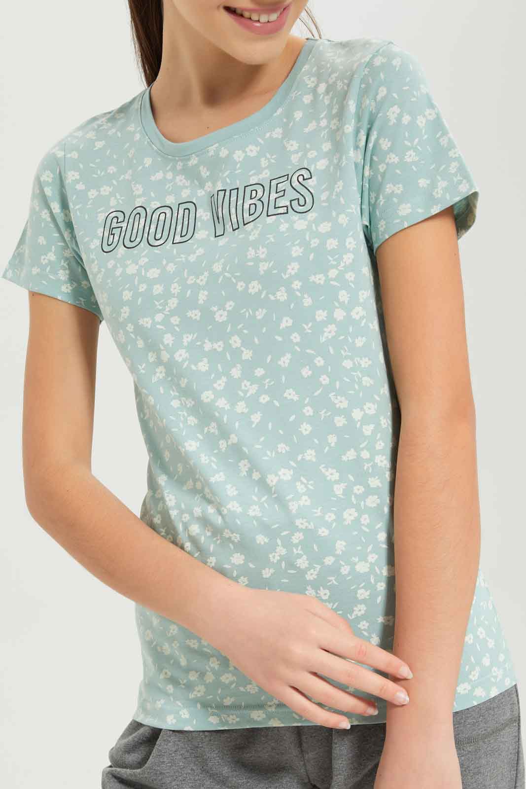 Redtag-Girls-Sage/White-Flower-T-Shirt-Category:T-Shirts,-Colour:Green,-Deals:New-In,-Dept:Girls,-Filter:Senior-Girls-(8-to-14-Yrs),-GSR-T-Shirts,-New-In-GSR-APL,-Non-Sale,-S23B,-Section:Girls-(0-to-14Yrs),-TBL-Senior-Girls-9 to 14 Years