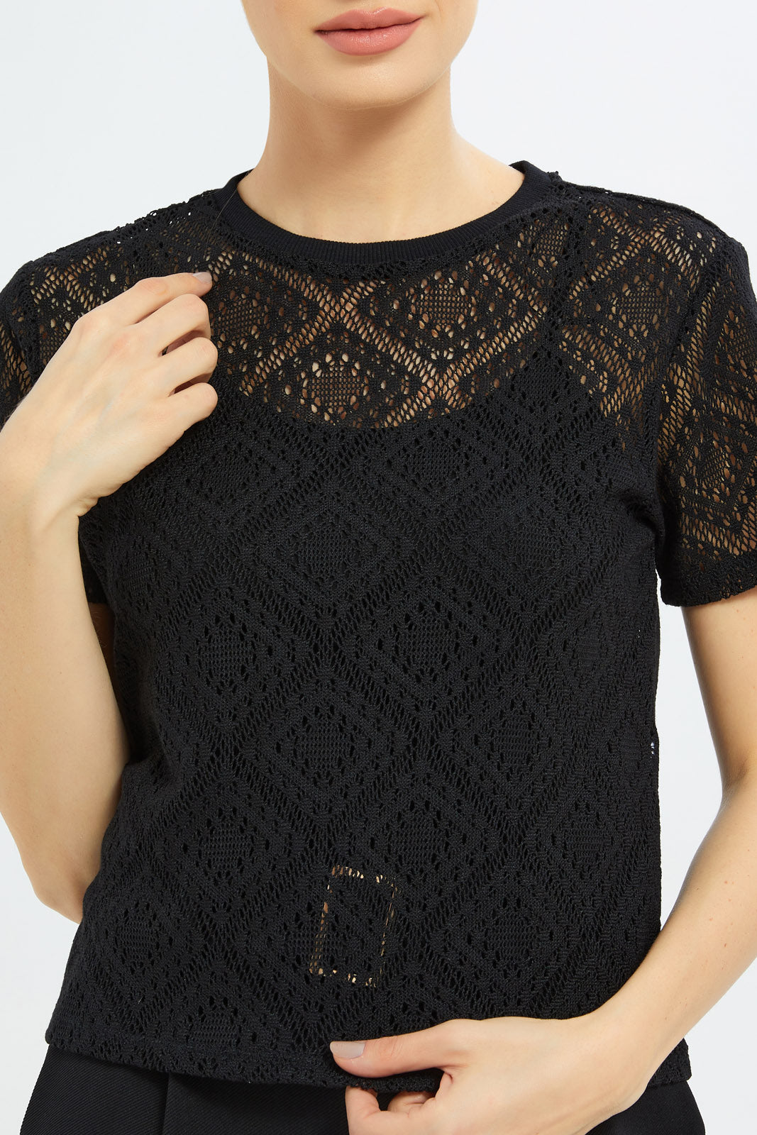 Redtag-Women-Black-Lace-Top-Category:T-Shirts,-Colour:Black,-Deals:New-In,-Dept:Ladieswear,-Filter:Women's-Clothing,-LDC,-LDC-T-Shirts,-New-In-LDC-APL,-Non-Sale,-S23C,-Section:Women,-TBL-Women's-