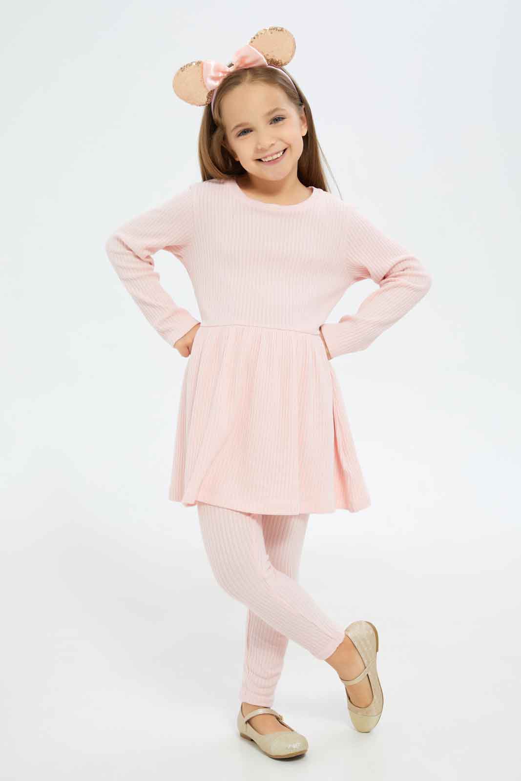 Redtag-Girls-Pink-Dress-Set-With-Leggings-Category:Sets,-Colour:Apricot,-Deals:New-In,-Dept:Girls,-Filter:Girls-(2-to-8-Yrs),-GIR-Sets,-New-In-GIR-APL,-Non-Sale,-S23A,-Section:Girls-(0-to-14Yrs)-Girls-2 to 8 Years