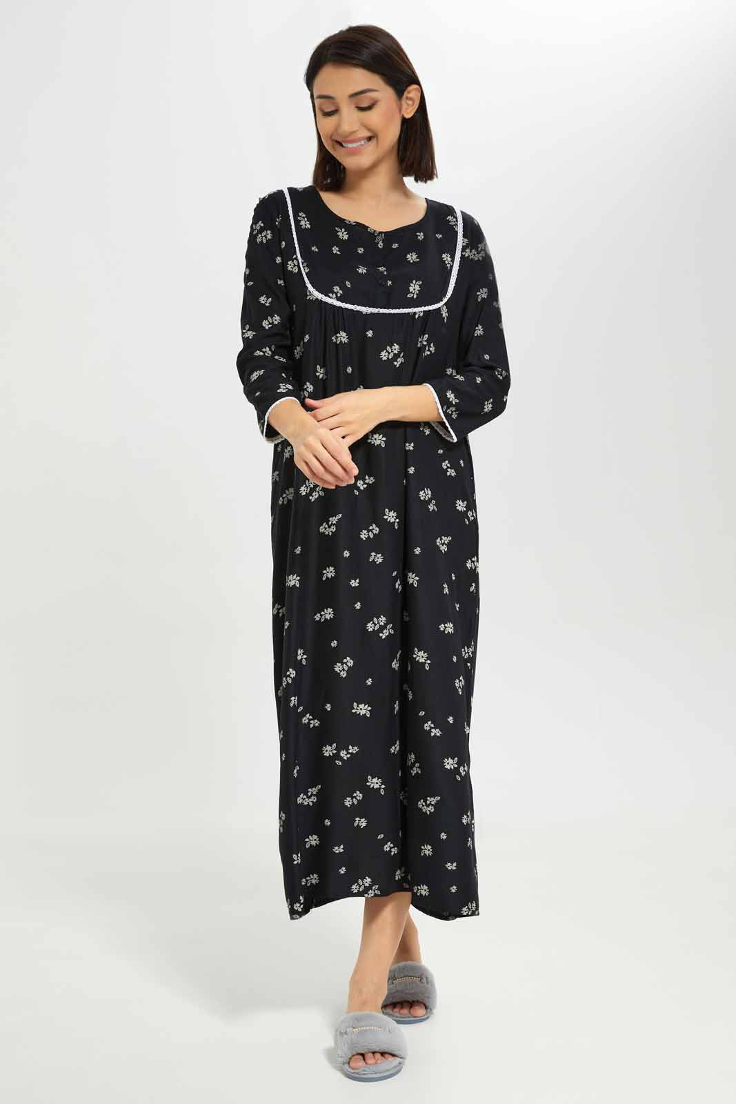 Redtag-Women-Black-Longsleeve-Nightgown-Category:Nightgowns,-Colour:Black,-Deals:New-In,-Dept:Ladieswear,-Filter:Women's-Clothing,-New-In-Women-APL,-Non-Sale,-S23A,-Section:Women,-Women-Nightgowns--