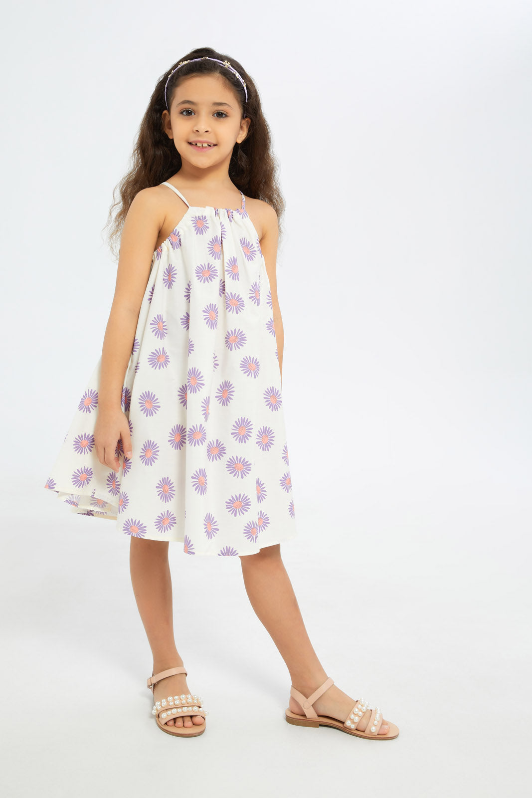 Redtag-Girls-Halter-Poplin-Dress-Cream-Floral-Print-Category:Dresses,-Colour:Cream,-Deals:New-In,-Dept:Girls,-Filter:Girls-(2-to-8-Yrs),-GIR-Dresses,-H1:KWR,-H2:GIR,-H3:DRS,-H4:CAD,-New-In-GIR-APL,-Non-Sale,-S23B,-Season:S23B,-Section:Girls-(0-to-14Yrs)-Girls-2 to 8 Years