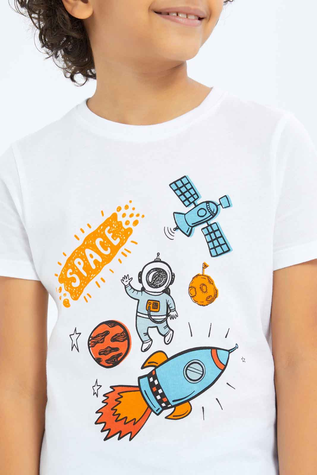 Redtag-Boys-White-Space-Print-Short-Sleeve-T-Shirt-BOY-T-Shirts,-Category:T-Shirts,-Colour:White,-Deals:New-In,-Dept:Boys,-Filter:Boys-(2-to-8-Yrs),-New-In-BOY-APL,-Non-Sale,-S23B,-Section:Boys-(0-to-14Yrs),-TBL-Boys-2 to 8 Years