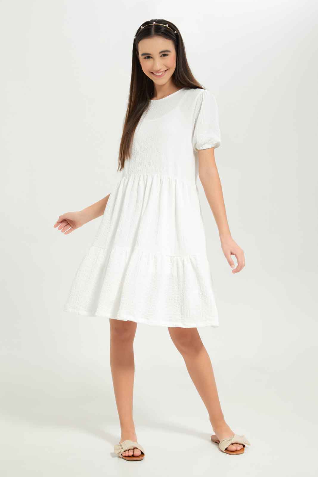 Redtag-Girls-White-Jacquard-Tiered-Dress-Category:Dresses,-Colour:White,-Deals:New-In,-Dept:Girls,-Filter:Senior-Girls-(8-to-14-Yrs),-GSR-Dresses,-New-In-GSR-APL,-Non-Sale,-S23B,-Section:Girls-(0-to-14Yrs)-Senior-Girls-9 to 14 Years