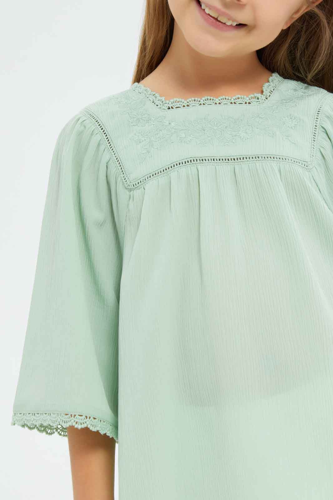 Redtag-Girls-Poly-Crepe-Blouse-With-Enb-And-Lace---Sage-Category:Blouses,-Colour:Green,-Deals:New-In,-Dept:Girls,-Filter:Girls-(2-to-8-Yrs),-GIR-Blouses,-New-In-GIR-APL,-Non-Sale,-S23A,-Section:Girls-(0-to-14Yrs)-Girls-2 to 8 Years