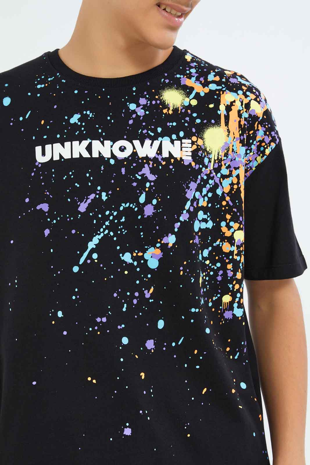 Redtag-Boys-Black-Oversize-Splatter-Print-Tee-BSR-T-Shirts,-Category:T-Shirts,-Colour:Black,-Deals:New-In,-Filter:Senior-Boys-(8-to-14-Yrs),-New-In-BSR-APL,-Non-Sale,-S23B,-Section:Boys-(0-to-14Yrs)-Senior-Boys-9 to 14 Years