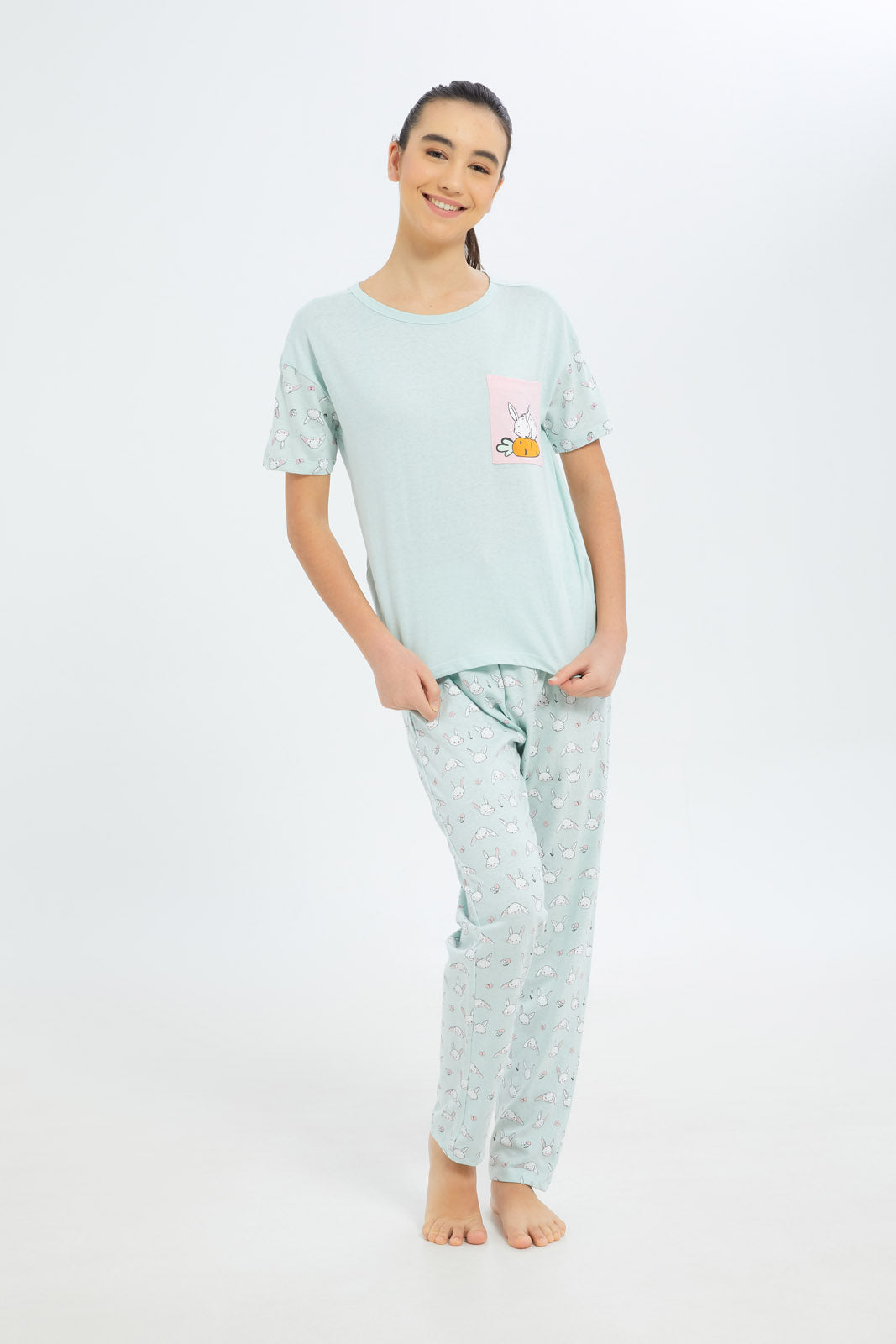 Redtag-Girls-Sage-Bunny-Pajama-Sets-Category:Pyjama-Sets,-Colour:Assorted,-Deals:2-FOR-79,-Deals:New-In,-Dept:Girls,-Filter:Senior-Girls-(8-to-14-Yrs),-GSR-Pyjama-Sets,-H1:KWR,-H2:GSR,-H3:NWR,-H4:PJS,-New-In-GSR-APL,-Non-Sale,-S23B,-Season:S23B,-Section:Girls-(0-to-14Yrs)-Senior-Girls-9 to 14 Years