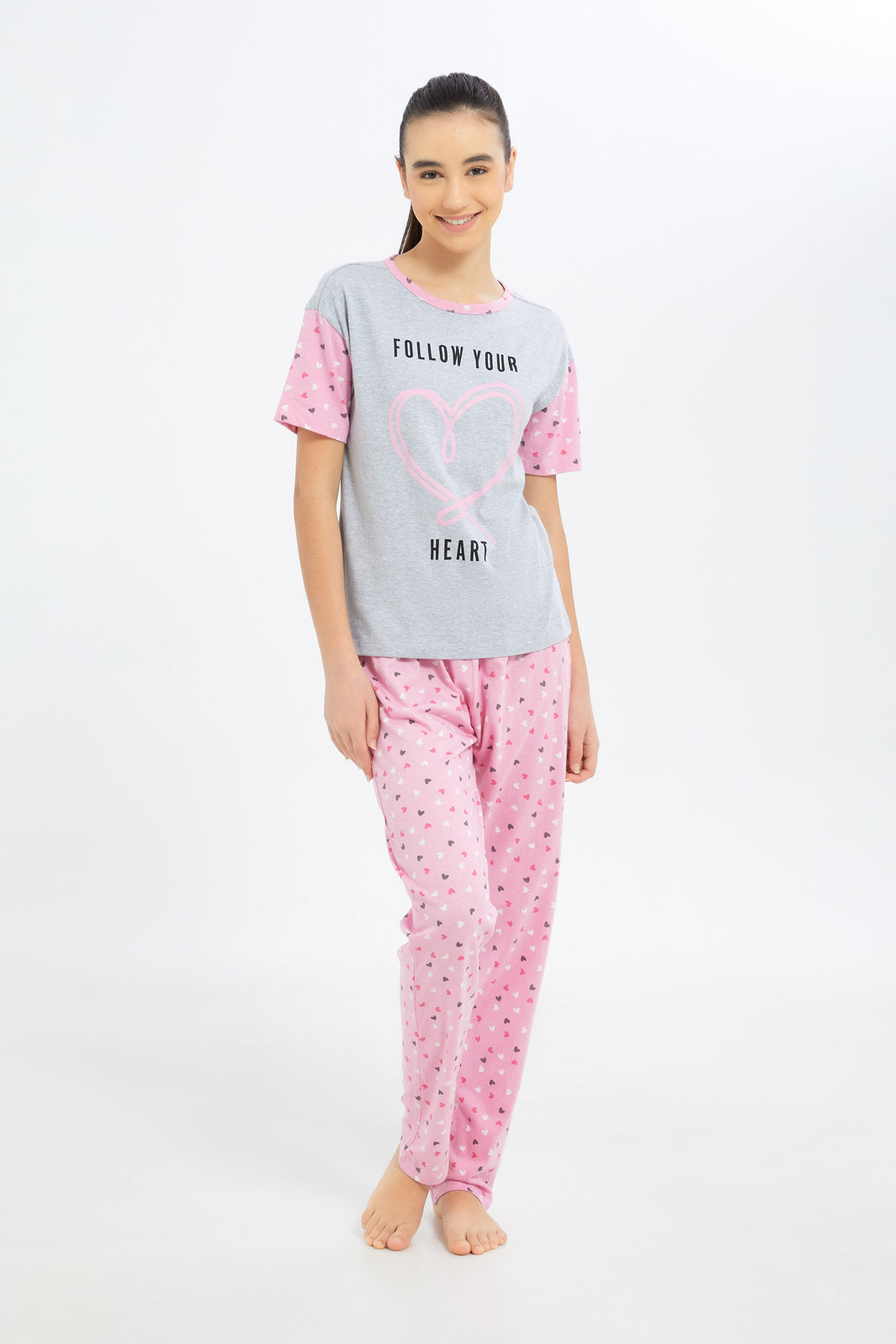 Redtag-Girls-Grey-Melange-Heart-Pajama-Sets-Category:Pyjama-Sets,-Colour:Assorted,-Deals:2-FOR-79,-Deals:New-In,-Dept:Girls,-Filter:Senior-Girls-(8-to-14-Yrs),-GSR-Pyjama-Sets,-H1:KWR,-H2:GSR,-H3:NWR,-H4:PJS,-New-In-GSR-APL,-Non-Sale,-S23B,-Season:S23B,-Section:Girls-(0-to-14Yrs)-Senior-Girls-9 to 14 Years