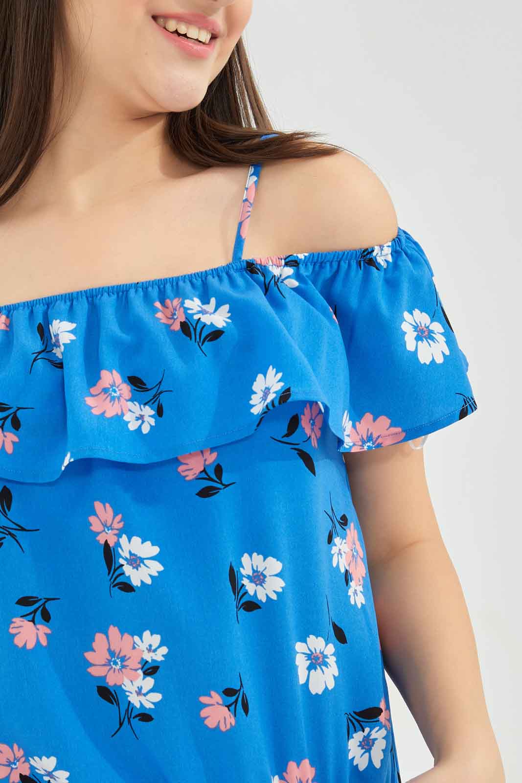 Redtag-Girls-Blue-Floral-Off-Shoulder-Blouse-Category:Blouses,-Colour:Blue,-Deals:New-In,-Dept:Girls,-Filter:Senior-Girls-(8-to-14-Yrs),-GSR-Blouses,-New-In-GSR-APL,-Non-Sale,-S23B,-Section:Girls-(0-to-14Yrs)-Senior-Girls-9 to 14 Years