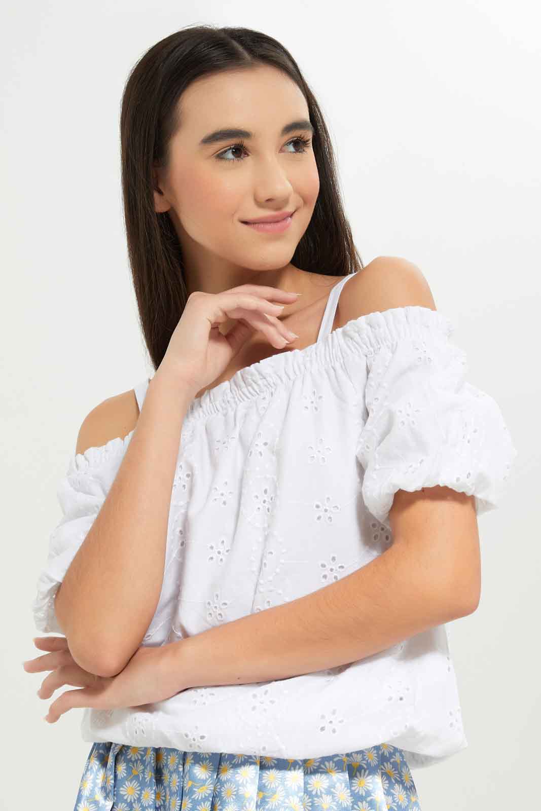 Redtag-Girls-White-Off-Shoulder-Chiffly-Blouse-Category:Blouses,-Colour:White,-Deals:New-In,-Dept:Girls,-Filter:Senior-Girls-(8-to-14-Yrs),-GSR-Blouses,-New-In-GSR-APL,-Non-Sale,-S23B,-Section:Girls-(0-to-14Yrs)-Senior-Girls-9 to 14 Years