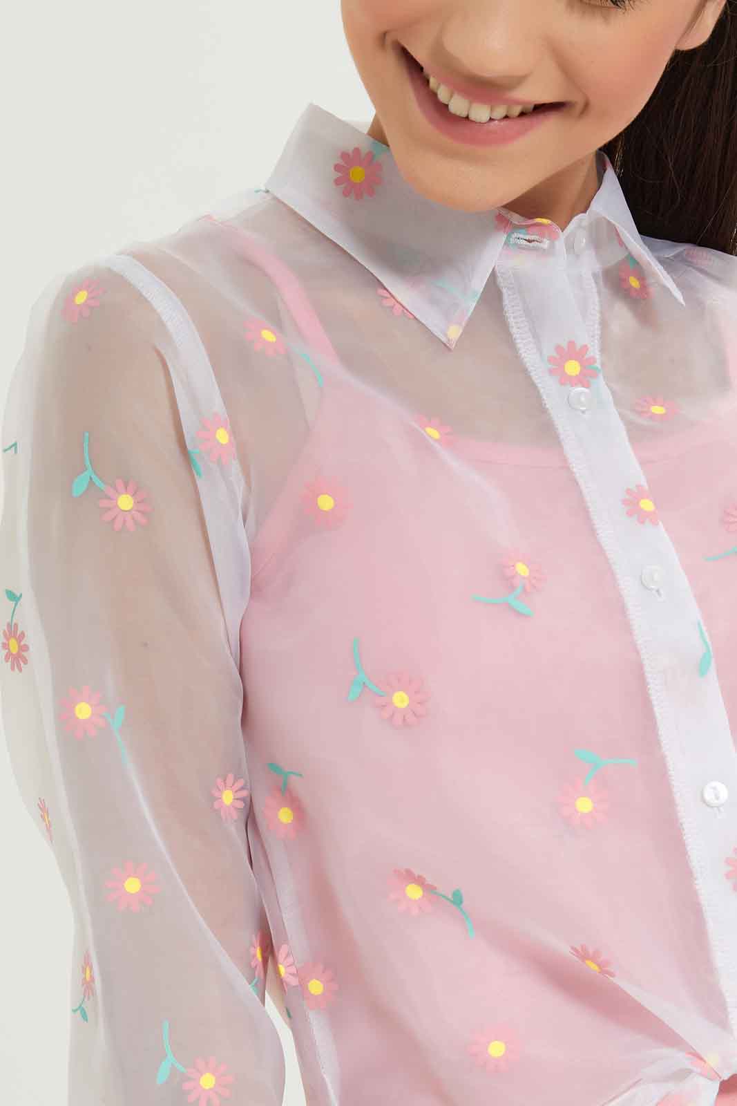 Redtag-Girls-White/Pink-Floral-Organza-Blouse-Category:Blouses,-Colour:White,-Deals:New-In,-Dept:Girls,-Filter:Senior-Girls-(8-to-14-Yrs),-GSR-Blouses,-New-In-GSR-APL,-Non-Sale,-S23B,-Section:Girls-(0-to-14Yrs)-Senior-Girls-9 to 14 Years