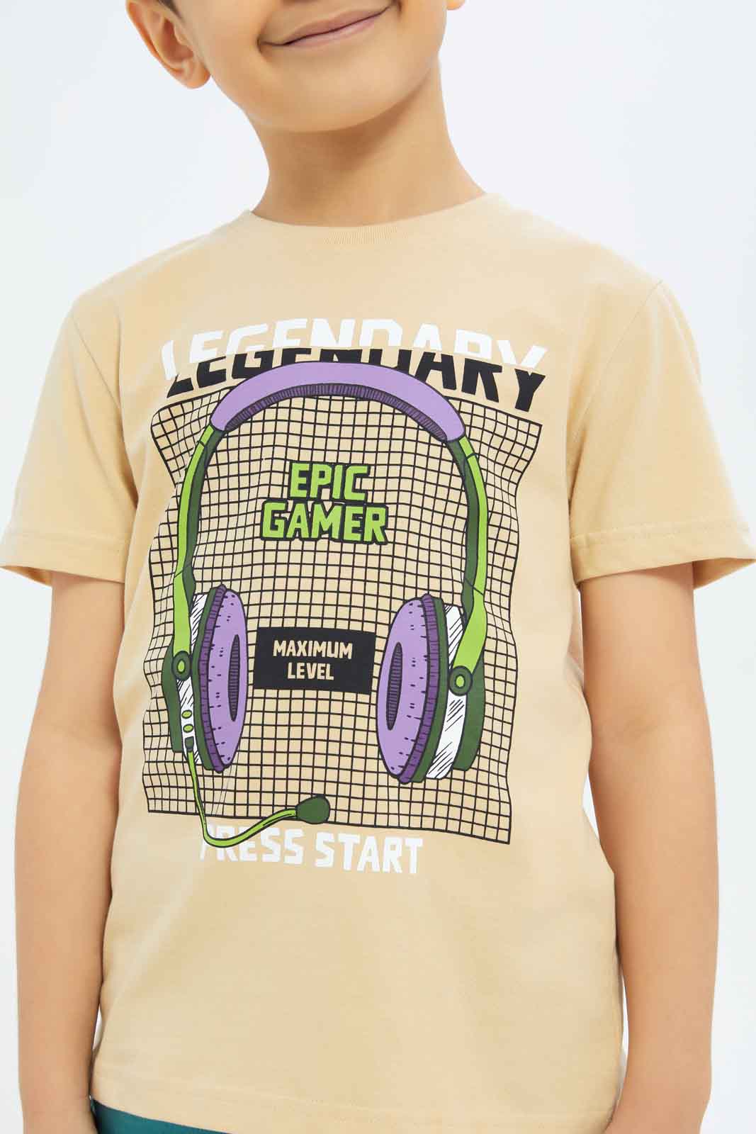 Redtag-Boys-Beige-Short-Sleeve-Gamer-Graphic-T-Shirt-BOY-T-Shirts,-Category:T-Shirts,-CHA,-Colour:Beige,-Deals:New-In,-Dept:Boys,-Filter:Boys-(2-to-8-Yrs),-New-In-BOY-APL,-Non-Sale,-S23B,-Section:Boys-(0-to-14Yrs),-TBL-Boys-2 to 8 Years