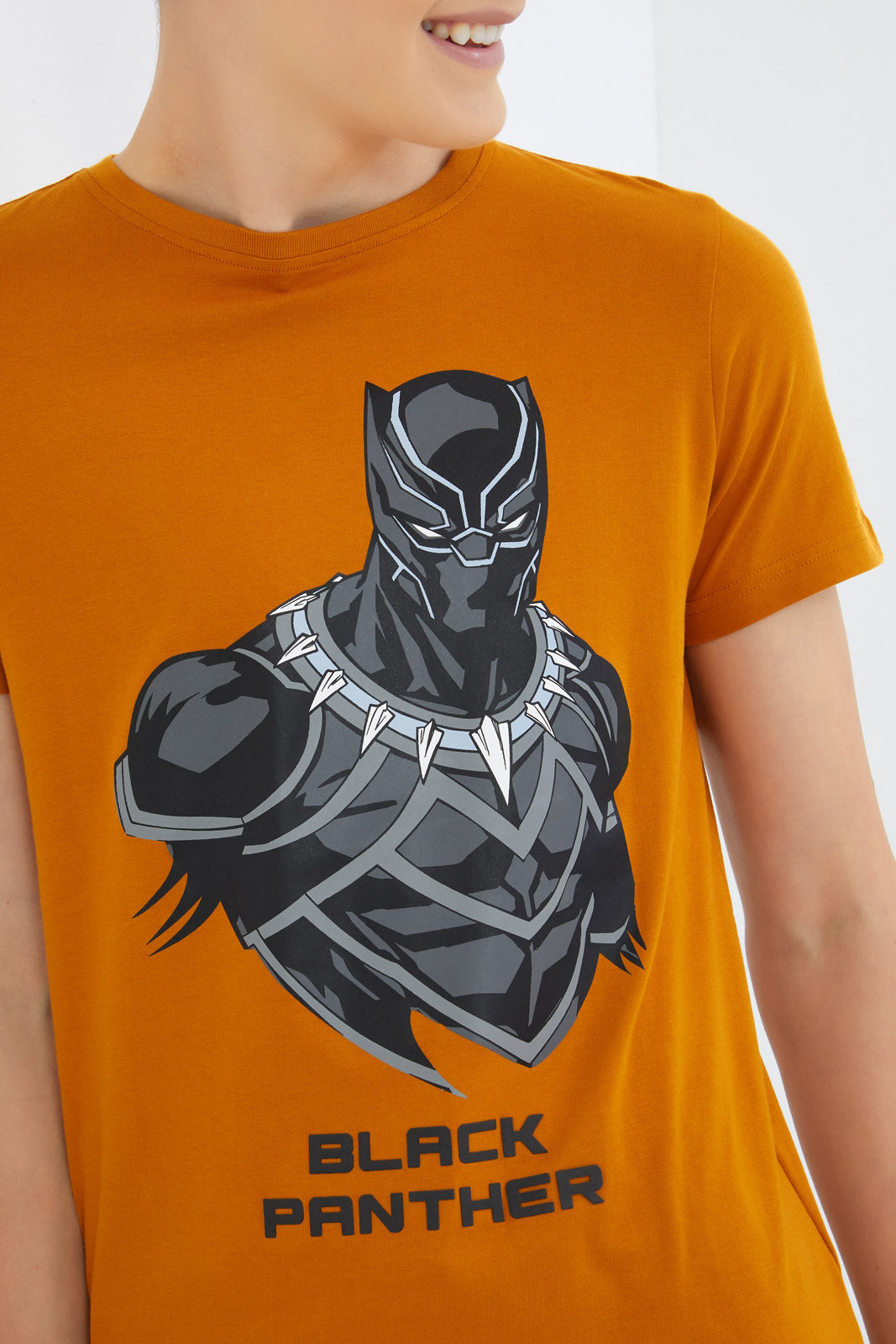 Redtag-Boys-Mustard-Black-Panther-Tee-BSR-T-Shirts,-Category:T-Shirts,-Colour:Mustard,-Deals:New-In,-Dept:Boys,-Filter:Senior-Boys-(8-to-14-Yrs),-New-In-BSR-APL,-Non-Sale,-S23B,-Section:Boys-(0-to-14Yrs),-TBL-Senior-Boys-9 to 14 Years