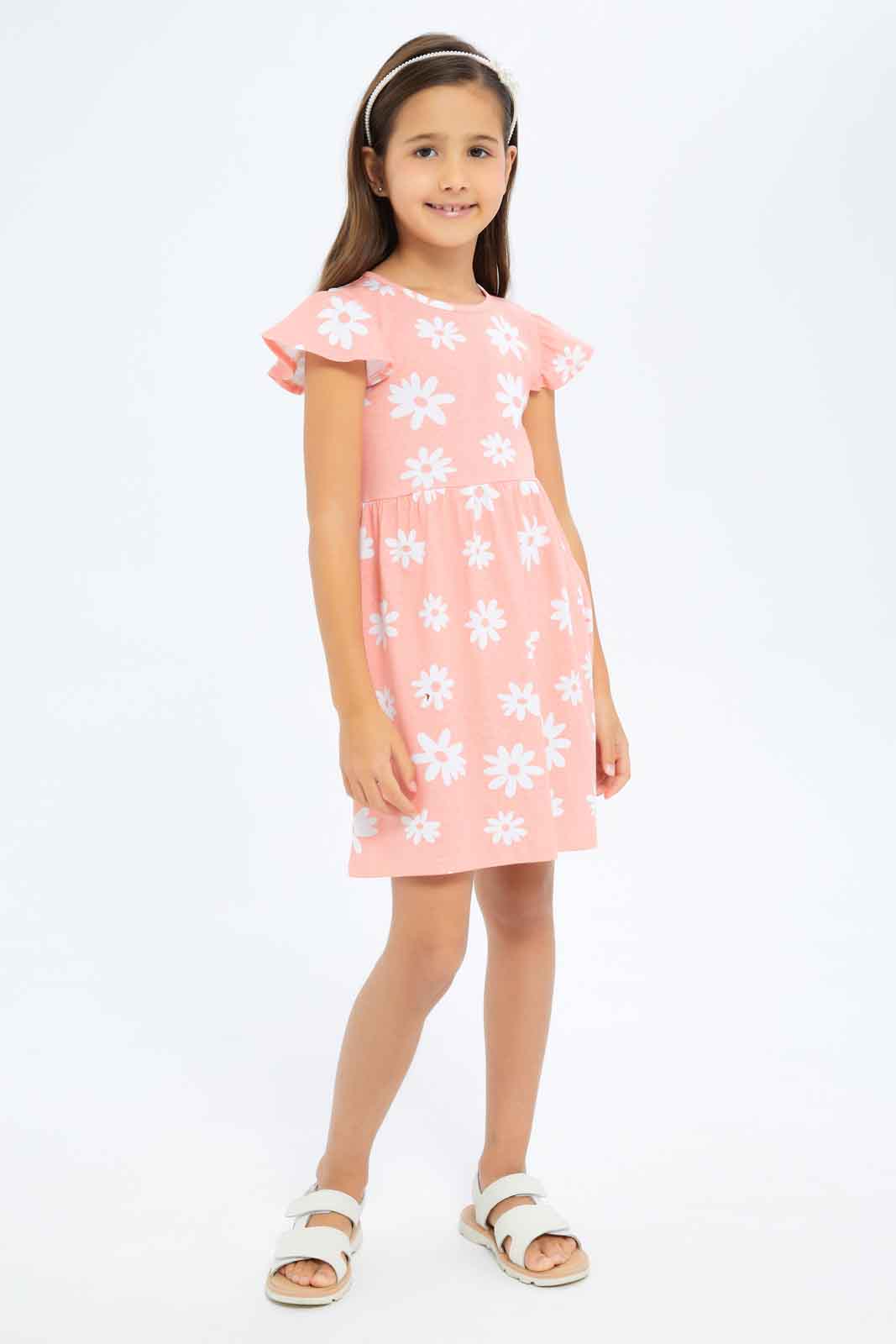 Redtag-Girls-Opp-Sj-Dress---Coral-Floral-Aop-Category:Dresses,-Colour:Orange,-Deals:New-In,-Dept:Girls,-Filter:Girls-(2-to-8-Yrs),-GIR-Dresses,-New-In-GIR-APL,-Non-Sale,-S23B,-Section:Girls-(0-to-14Yrs),-VLM-Girls-2 to 8 Years