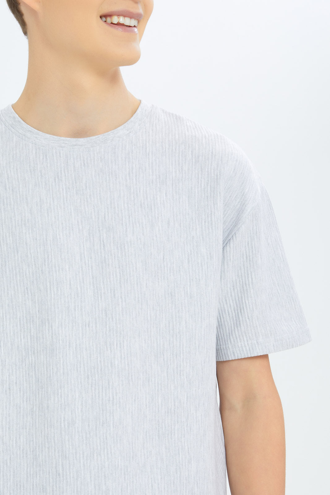 Redtag-Boys-Gery-Mel-Oversize-Jacquard-Tee-BSR-T-Shirts,-Category:T-Shirts,-Colour:Grey,-Deals:New-In,-Dept:Boys,-Filter:Senior-Boys-(8-to-14-Yrs),-New-In-BSR-APL,-Non-Sale,-S23B,-Section:Boys-(0-to-14Yrs),-VLM-Senior-Boys-9 to 14 Years
