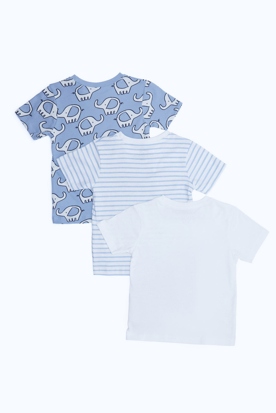 Redtag-Boys-Blue-Elephant-Aop-Solid-And-Stripe-Ss-3-Pack-Tee-Category:T-Shirts,-Colour:Blue,-Deals:New-In,-Dept:Boys,-Filter:Infant-Boys-(3-to-24-Mths),-H1:KWR,-H2:INB,-H3:TSH,-H4:TSH,-INB-T-Shirts,-New-In-INB-APL,-Non-Sale,-S23B,-Season:S23B,-Section:Boys-(0-to-14Yrs)-Infant-Boys-3 to 24 Months