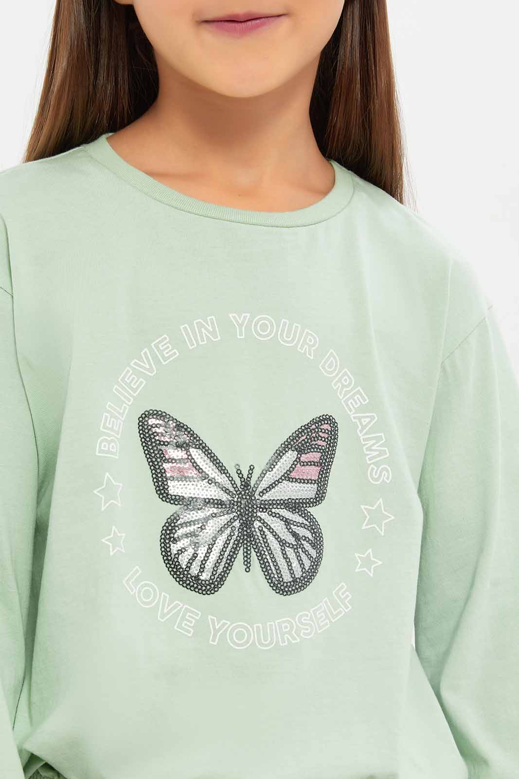 Redtag-Girls-Green-Butterfly-Sequence-Tee-Category:T-Shirts,-Colour:Green,-Deals:New-In,-Dept:Girls,-Filter:Girls-(2-to-8-Yrs),-GIR-T-Shirts,-New-In-GIR-APL,-Non-Sale,-S23A,-Section:Girls-(0-to-14Yrs)-Girls-2 to 8 Years