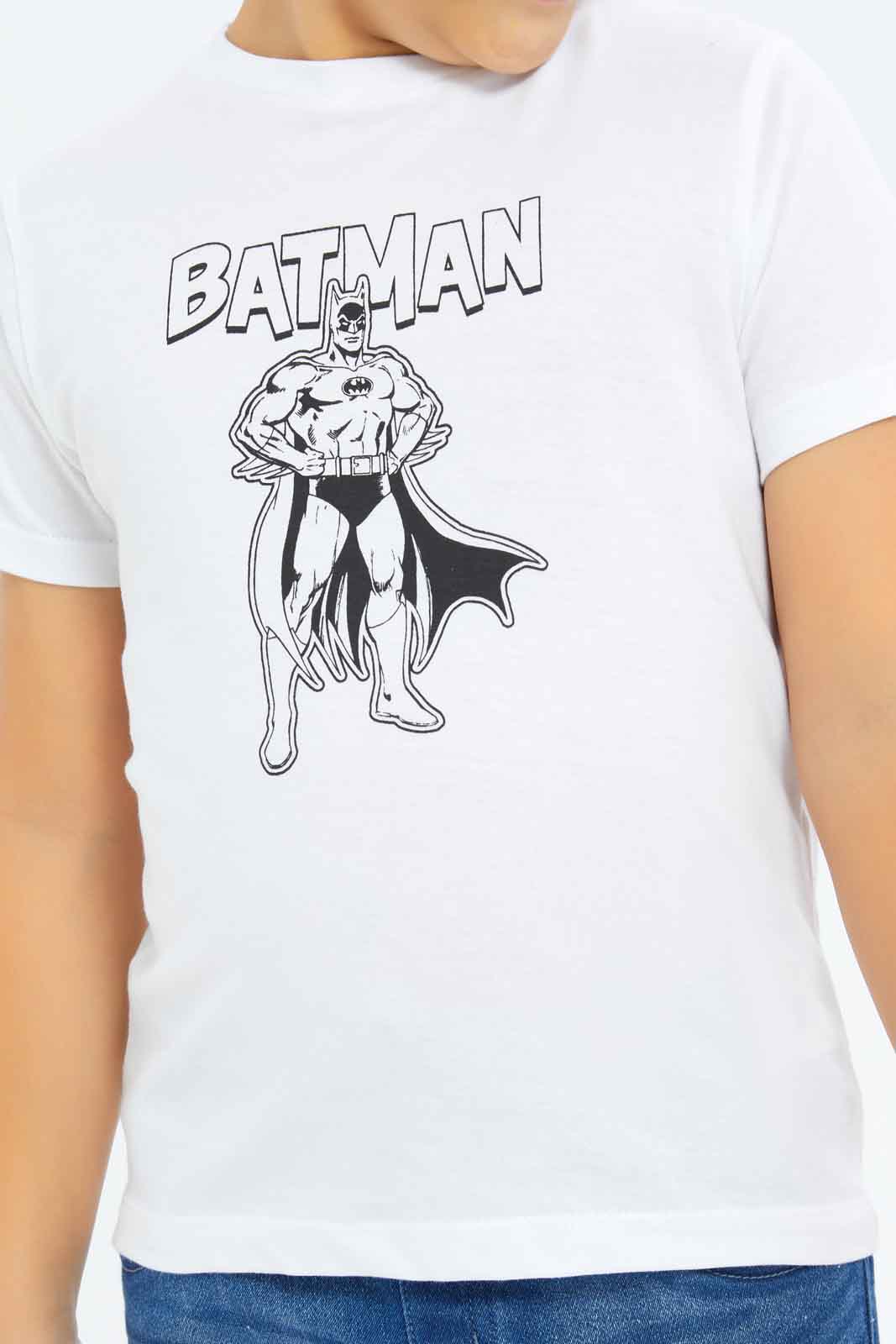 Redtag-Boys-White-Batman-Short-Sleeve-T-Shirt-BOY-T-Shirts,-Category:T-Shirts,-CHA,-Colour:White,-Deals:New-In,-Dept:Boys,-Filter:Boys-(2-to-8-Yrs),-New-In-BOY-APL,-Non-Sale,-S23B,-Section:Boys-(0-to-14Yrs)-Boys-2 to 8 Years