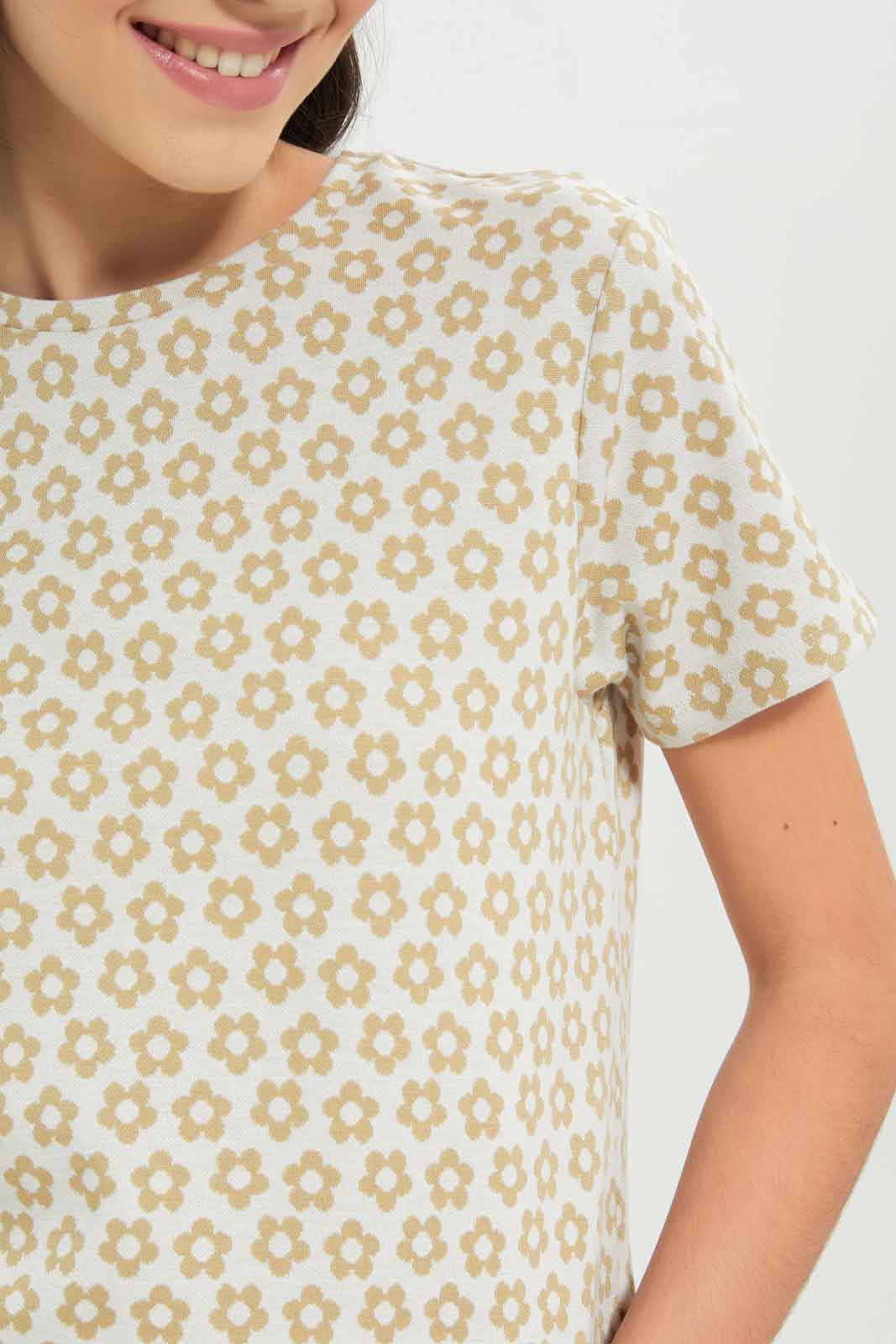 Redtag-Girls-Beige/White-Flower-Jacquard-Top-Category:T-Shirts,-Colour:Beige,-Deals:New-In,-Dept:Girls,-Filter:Senior-Girls-(8-to-14-Yrs),-GSR-T-Shirts,-New-In-GSR-APL,-Non-Sale,-S23B,-Section:Girls-(0-to-14Yrs),-TBL-Senior-Girls-9 to 14 Years