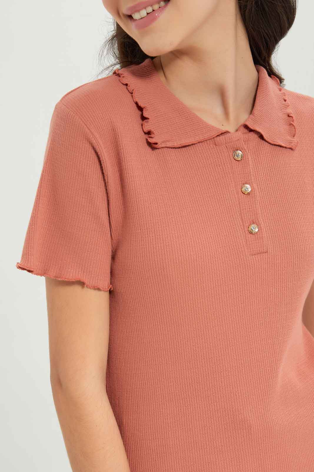Redtag-Girls-Rust-Collared-Jacquard-Top-Category:Blouses,-Colour:Orange,-Deals:New-In,-Dept:Girls,-Filter:Senior-Girls-(8-to-14-Yrs),-GSR-Blouses,-New-In-GSR-APL,-Non-Sale,-S23B,-Section:Girls-(0-to-14Yrs)-Senior-Girls-9 to 14 Years