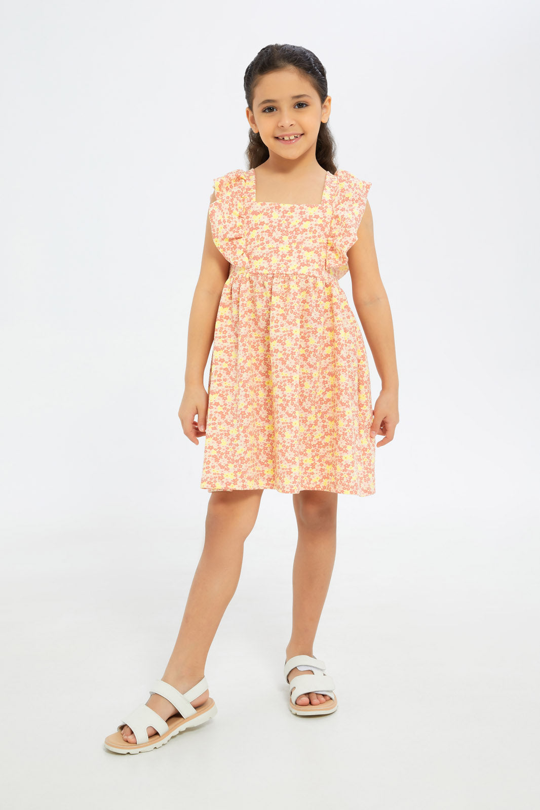 Redtag-Girls-Ruffle-Textured-Knit-Dress-Yellow/Red-Floral-Category:Dresses,-Colour:Red,-Deals:2-FOR-69,-Deals:New-In,-Dept:Girls,-Filter:Girls-(2-to-8-Yrs),-GIR-Dresses,-H1:KWR,-H2:GIR,-H3:DRS,-H4:CAD,-New-In-GIR-APL,-Non-Sale,-S23B,-Season:S23B,-Section:Girls-(0-to-14Yrs)-Girls-2 to 8 Years