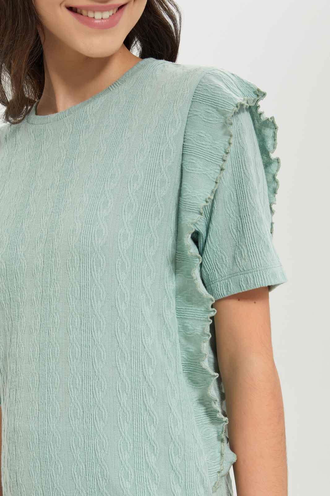 Redtag-Girls-Mint-Ruffled-Front-Jacquard-Top-Category:Blouses,-Colour:Green,-Deals:New-In,-Dept:Girls,-Filter:Senior-Girls-(8-to-14-Yrs),-GSR-Blouses,-New-In-GSR-APL,-Non-Sale,-S23B,-Section:Girls-(0-to-14Yrs)-Senior-Girls-9 to 14 Years