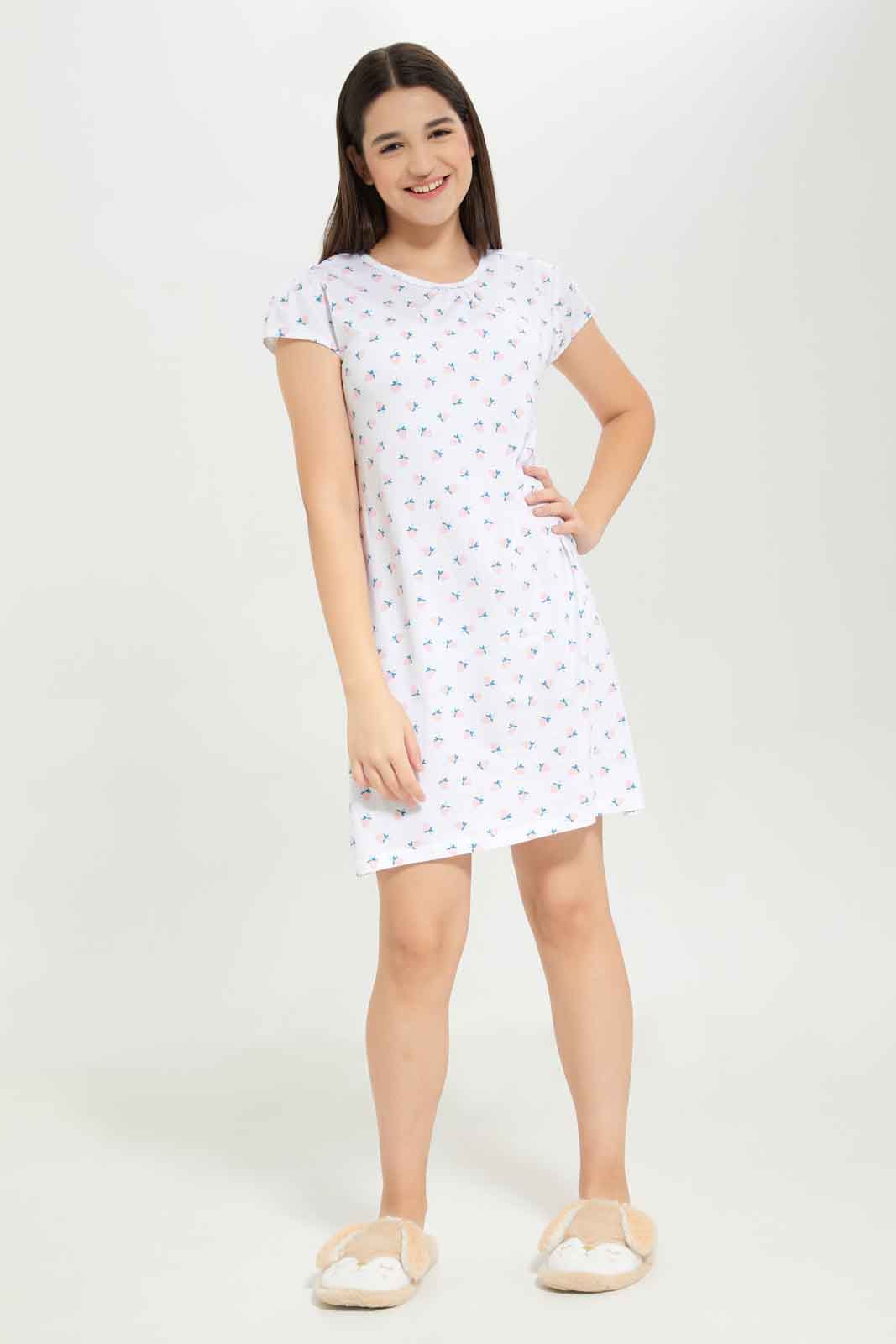 Redtag-Girls-Pink-Floral-Print-Nightdress-Category:Nightshirts,-Colour:Apricot,-Deals:New-In,-Dept:Girls,-Filter:Senior-Girls-(8-to-14-Yrs),-GSR-Nightshirts,-New-In-GSR-APL,-Non-Sale,-S23B,-Section:Girls-(0-to-14Yrs)-Senior-Girls-9 to 14 Years