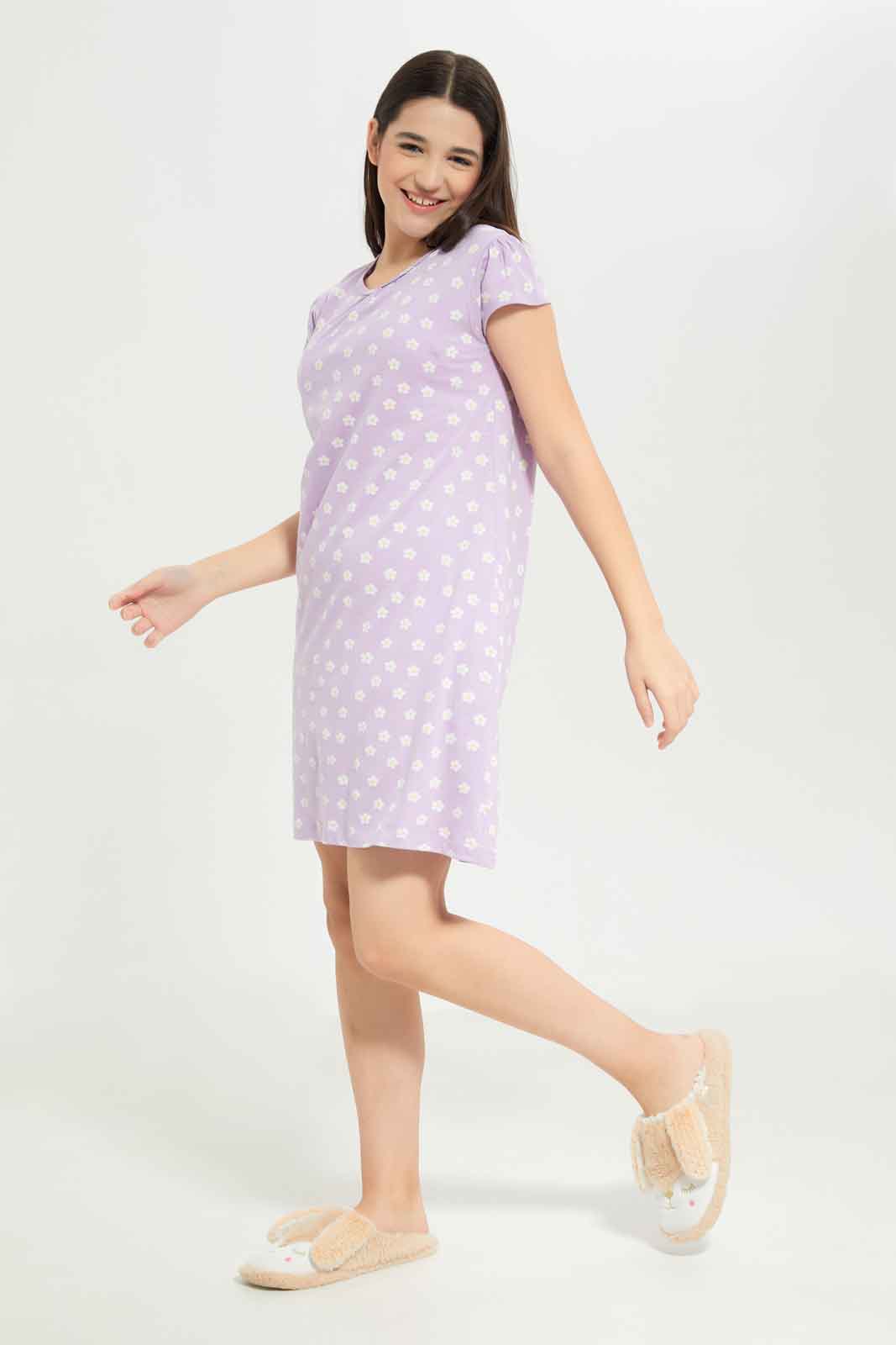 Redtag-Girls-Purple-Floral-Basic-Nightdress-Category:Nightshirts,-Colour:Purple,-Deals:New-In,-Dept:Girls,-Filter:Senior-Girls-(8-to-14-Yrs),-GSR-Nightshirts,-New-In-GSR-APL,-Non-Sale,-S23B,-Section:Girls-(0-to-14Yrs)-Senior-Girls-9 to 14 Years