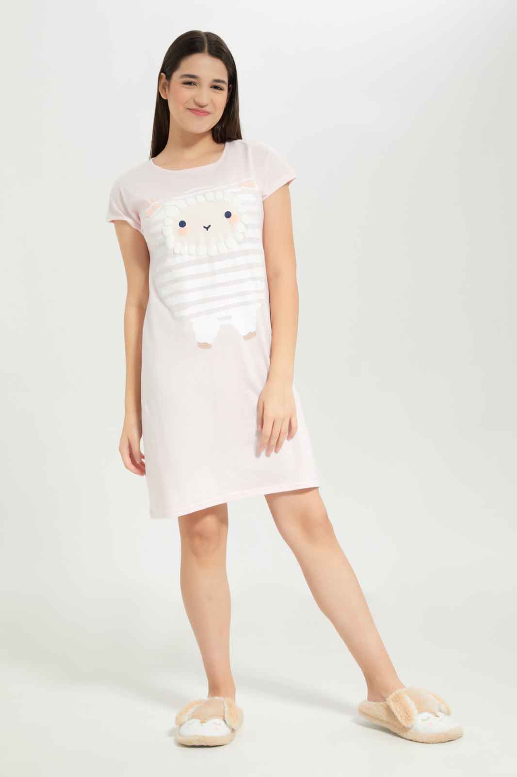 Redtag-Girls-Pink-Sheep-Nightdress-Category:Nightshirts,-Colour:Apricot,-Deals:New-In,-Dept:Girls,-Filter:Senior-Girls-(8-to-14-Yrs),-GSR-Nightshirts,-New-In-GSR-APL,-Non-Sale,-S23B,-Section:Girls-(0-to-14Yrs)-Senior-Girls-9 to 14 Years