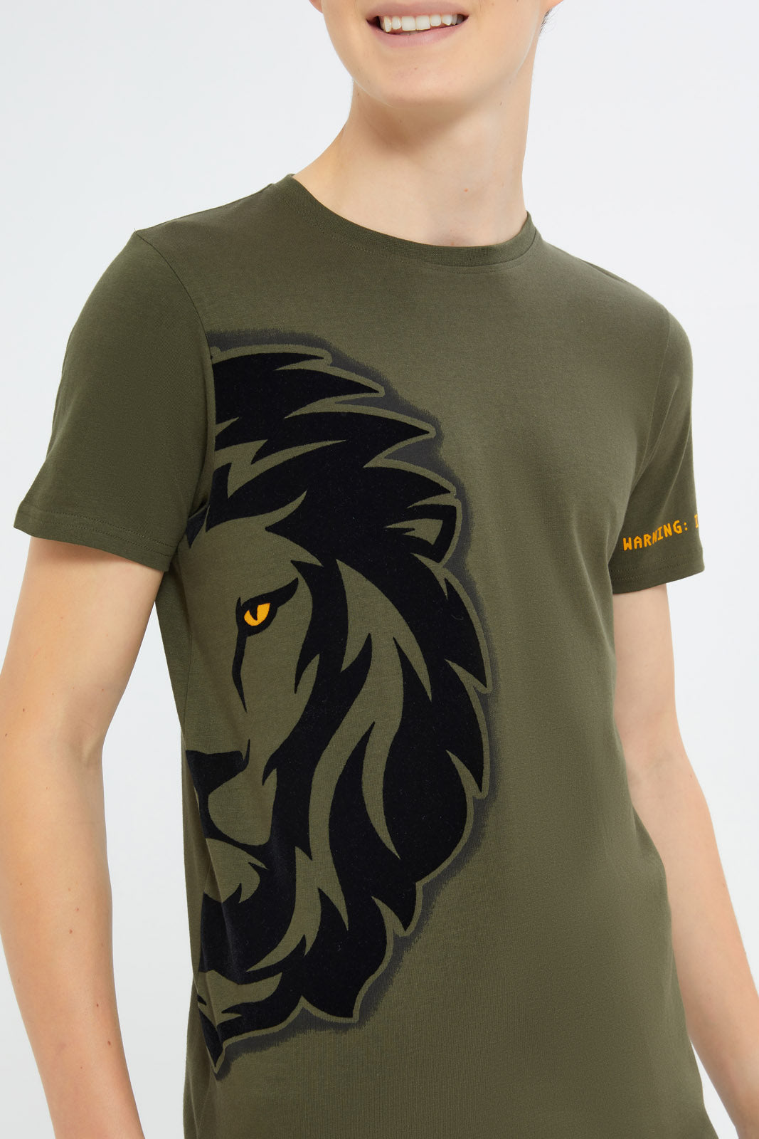 Redtag-Boys-Olive-Tiger-Flock-Tee-BSR-T-Shirts,-Category:T-Shirts,-Colour:Green,-Deals:New-In,-Dept:Boys,-Filter:Senior-Boys-(8-to-14-Yrs),-H1:KWR,-H2:BSR,-H3:TSH,-H4:TSH,-New-In-BSR-APL,-Non-Sale,-S23B,-Season:S23C,-Section:Boys-(0-to-14Yrs)-Senior-Boys-9 to 14 Years