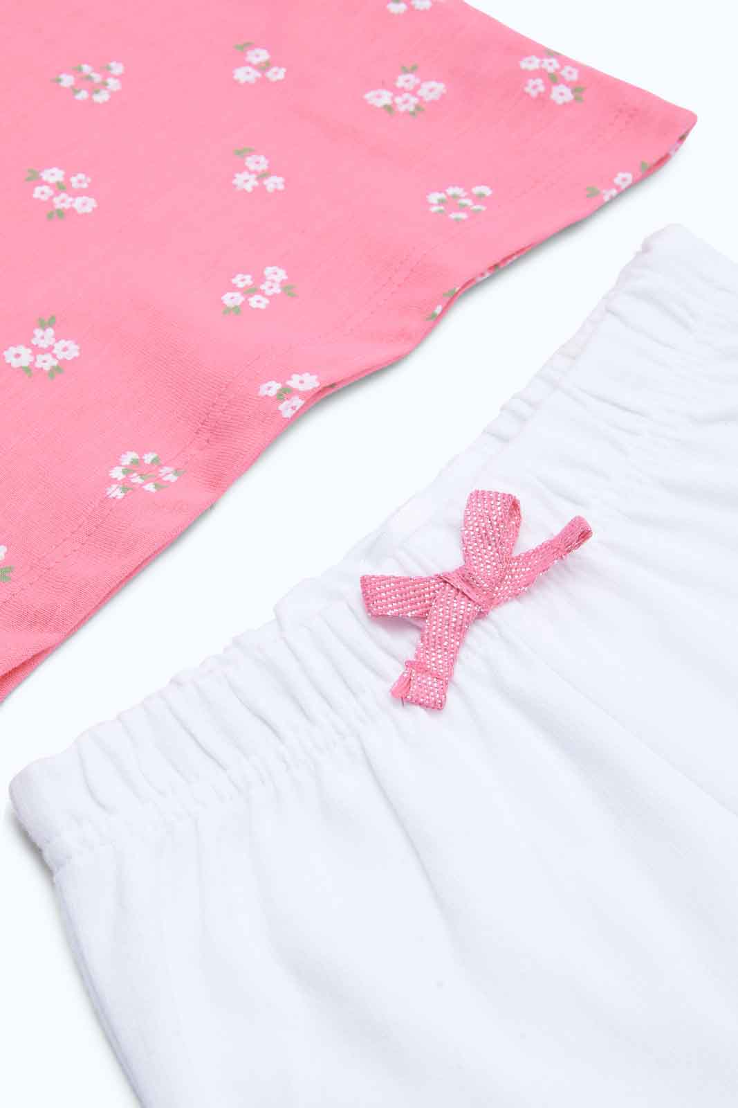 Redtag-Girls-Pink-Aop-T-Shirt-With-White-Solid-Shorts-Category:Sets,-Colour:Assorted,-Deals:New-In,-Dept:Girls,-Filter:Infant-Girls-(3-to-24-Mths),-ING-Sets,-New-In-ING-APL,-Non-Sale,-S23B,-Section:Girls-(0-to-14Yrs),-VLM-Infant-Girls-3 to 24 Months