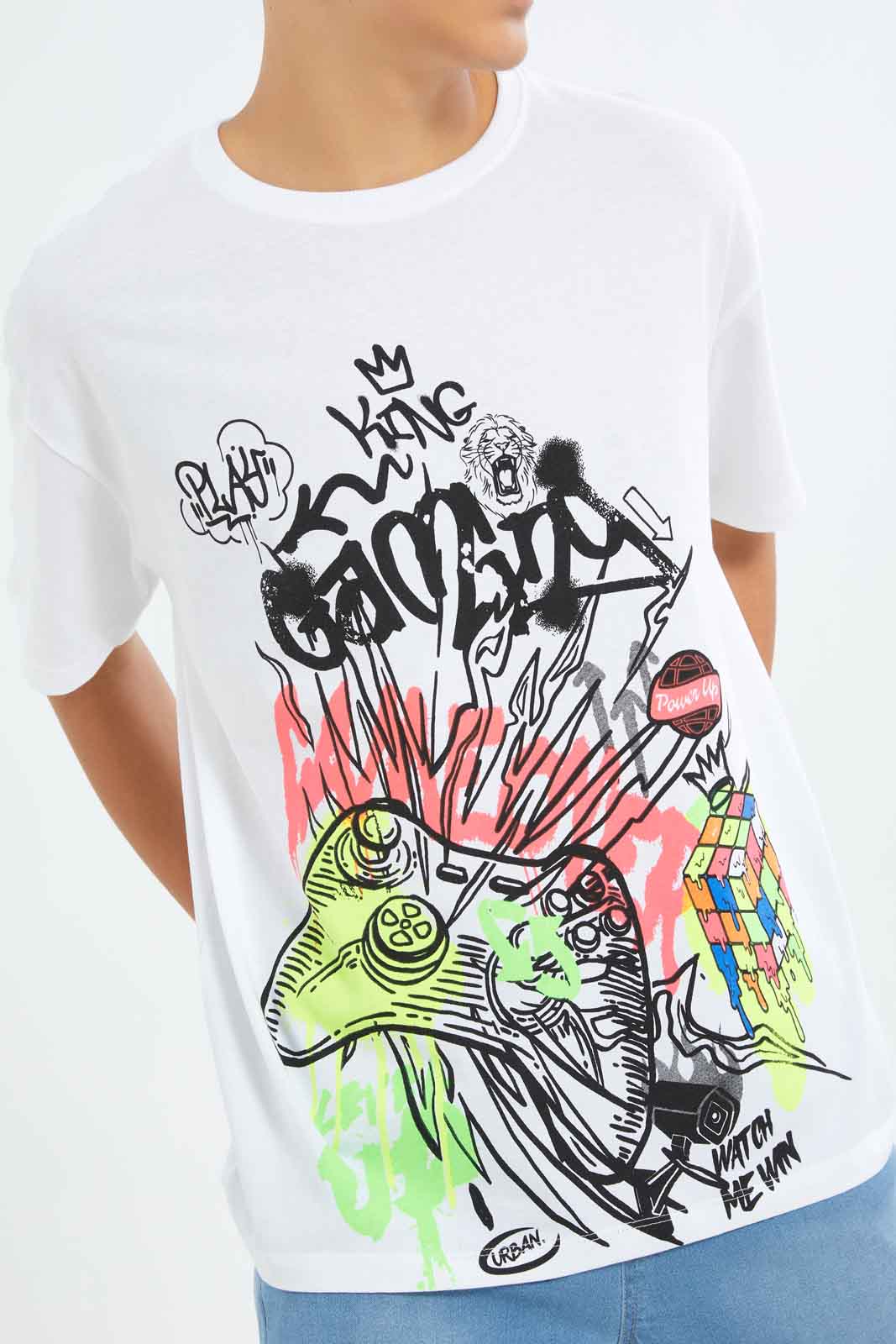 Redtag-Boys-White-Oversize-Gaming-Tee-BSR-T-Shirts,-Category:T-Shirts,-Colour:White,-Deals:New-In,-Dept:Boys,-Filter:Senior-Boys-(8-to-14-Yrs),-New-In-BSR-APL,-Non-Sale,-S23B,-Section:Boys-(0-to-14Yrs)-Senior-Boys-9 to 14 Years