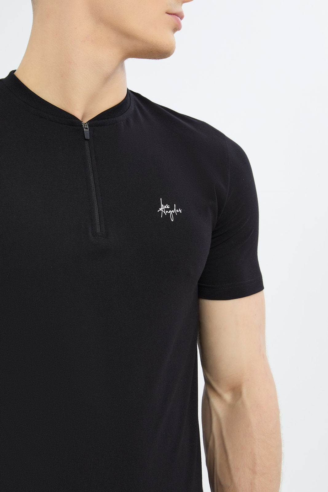 Redtag-Men-Black-Half-Zip-Stretch-T-Shirt-Category:T-Shirts,-Colour:Black,-Deals:New-In,-Dept:Menswear,-Filter:Men's-Clothing,-Men-T-Shirts,-New-In-Men-APL,-Non-Sale,-S23C,-Section:Men-Men's-