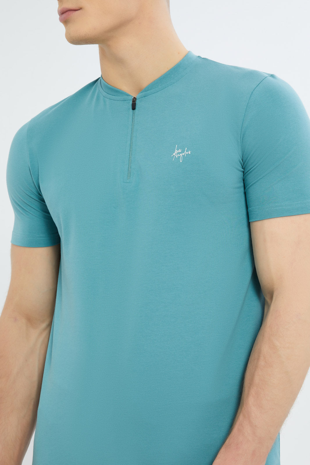 Redtag-Men-Sage-Green-Half-Zip-Stretch-T-Shirt-Category:T-Shirts,-Colour:Green,-Deals:New-In,-Dept:Menswear,-Filter:Men's-Clothing,-Men-T-Shirts,-New-In-Men-APL,-Non-Sale,-S23C,-Section:Men-Men's-