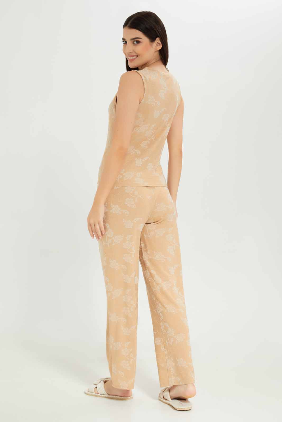 Redtag-Women-Sand-Jacquard-Sleevesless-Pyjama-Set-Category:Pyjama-Sets,-Colour:Sand,-Deals:New-In,-Dept:Ladieswear,-Filter:Women's-Clothing,-New-In-Women-APL,-Non-Sale,-S23A,-Section:Women,-Women-Pyjama-Sets--