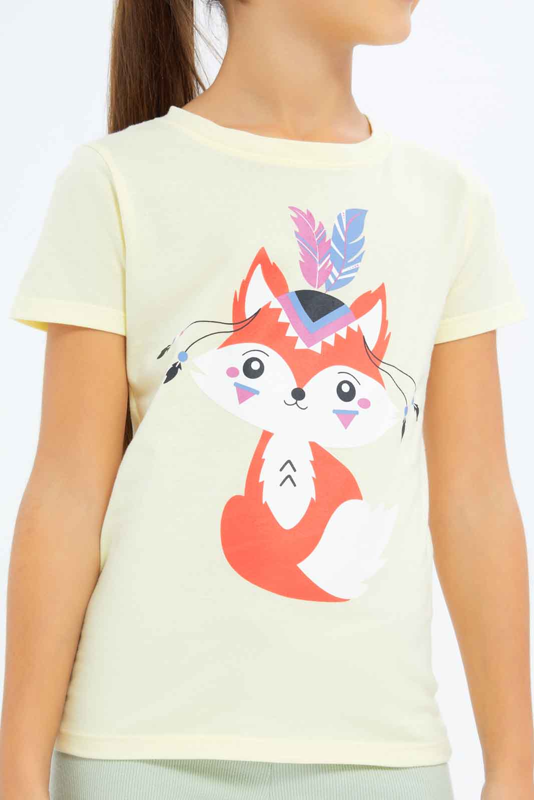 Redtag-Girls-Yellow-Fox-Print-Category:T-Shirts,-Colour:Yellow,-Deals:New-In,-Dept:Girls,-Filter:Girls-(2-to-8-Yrs),-GIR-T-Shirts,-New-In-GIR-APL,-Non-Sale,-S23B,-Section:Girls-(0-to-14Yrs),-TBL-Girls-2 to 8 Years