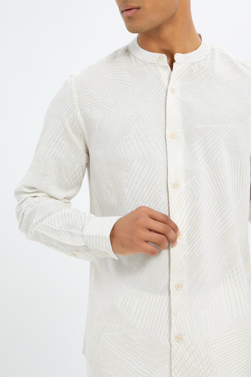 Redtag-Men-Beige-Printed-Mandarin-Collar-Shirt-Category:Shirts,-Colour:Beige,-Deals:New-In,-Dept:Menswear,-Filter:Men's-Clothing,-H1:MWR,-H2:GEN,-H3:SHI,-H4:CSH,-Men-Shirts,-New-In-Men-APL,-Non-Sale,-RMD,-S23C,-Season:S23C,-Section:Men-Men's-