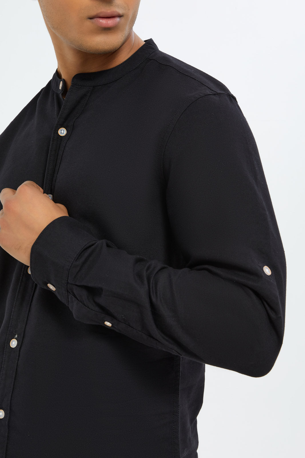 Redtag-Men-Black-Mandarin-Collar-Full-Button-Shirt-Category:Shirts,-Colour:Black,-Deals:New-In,-Dept:Menswear,-Filter:Men's-Clothing,-H1:MWR,-H2:GEN,-H3:SHI,-H4:CSH,-Men-Shirts,-New-In-Men-APL,-Non-Sale,-RMD,-S23C,-Season:S23C,-Section:Men-Men's-
