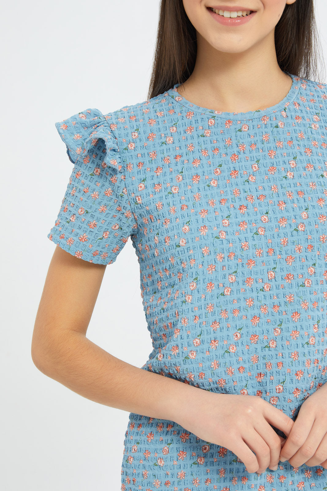 Redtag-Girls-Aop-With-Ruffles-Jacquard-Top-Category:T-Shirts,-Colour:Blue,-Deals:New-In,-Dept:Girls,-Filter:Senior-Girls-(8-to-14-Yrs),-GSR-T-Shirts,-H1:KWR,-H2:GSR,-H3:TSH,-H4:CAT,-New-In-GSR-APL,-Non-Sale,-S23C,-Season:S23C,-Section:Girls-(0-to-14Yrs)-Senior-Girls-9 to 14 Years