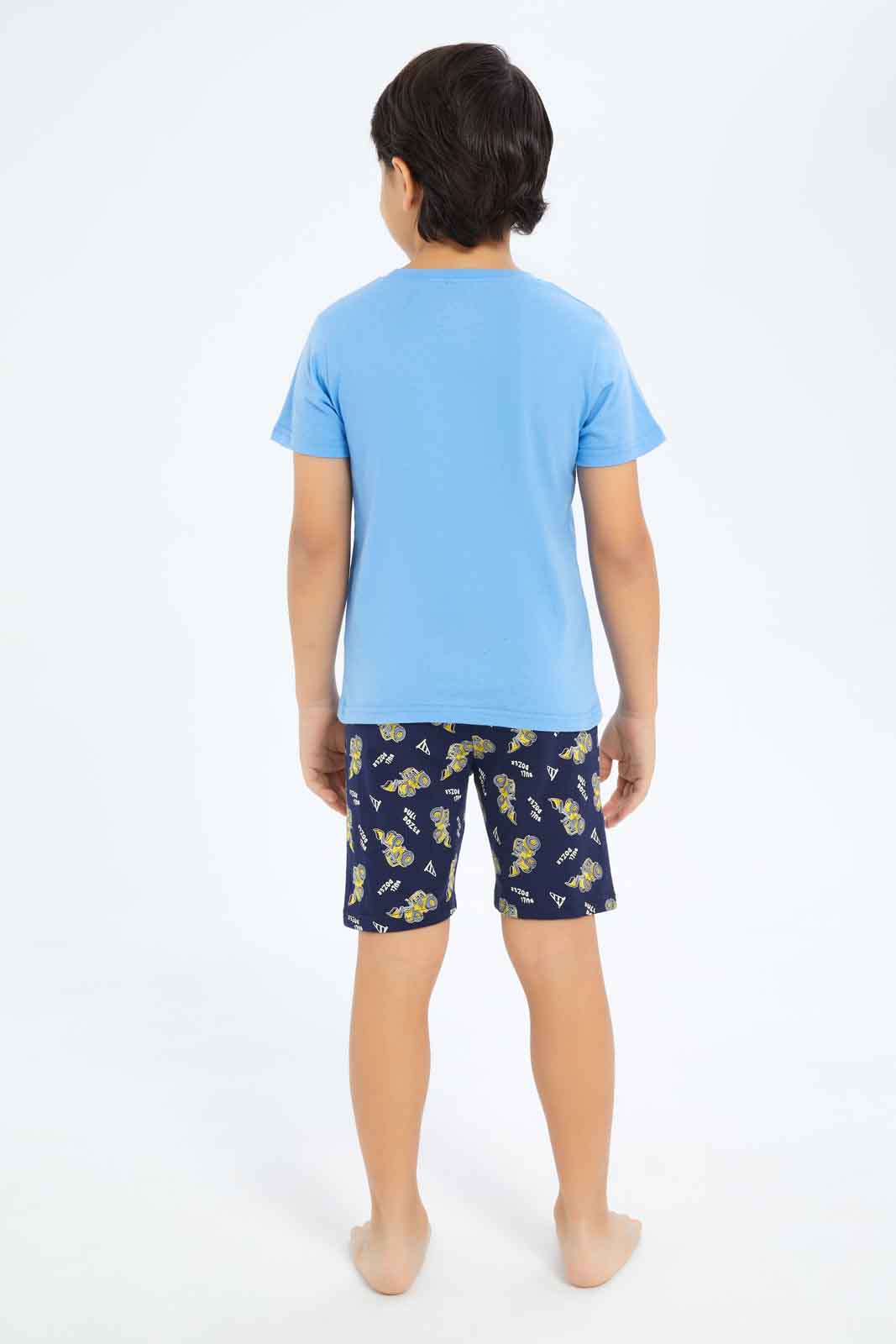 Redtag-Boys-Blue-Truck-Print-Short-Sleeve-Tee-And-Aop-Shorts-Pyjama-Set-BOY-Pyjama-Sets,-Category:Pyjama-Sets,-Colour:Blue,-Deals:New-In,-Dept:Boys,-Filter:Boys-(2-to-8-Yrs),-New-In-BOY-APL,-Non-Sale,-S23C,-Section:Boys-(0-to-14Yrs),-VLM-Boys-2 to 8 Years