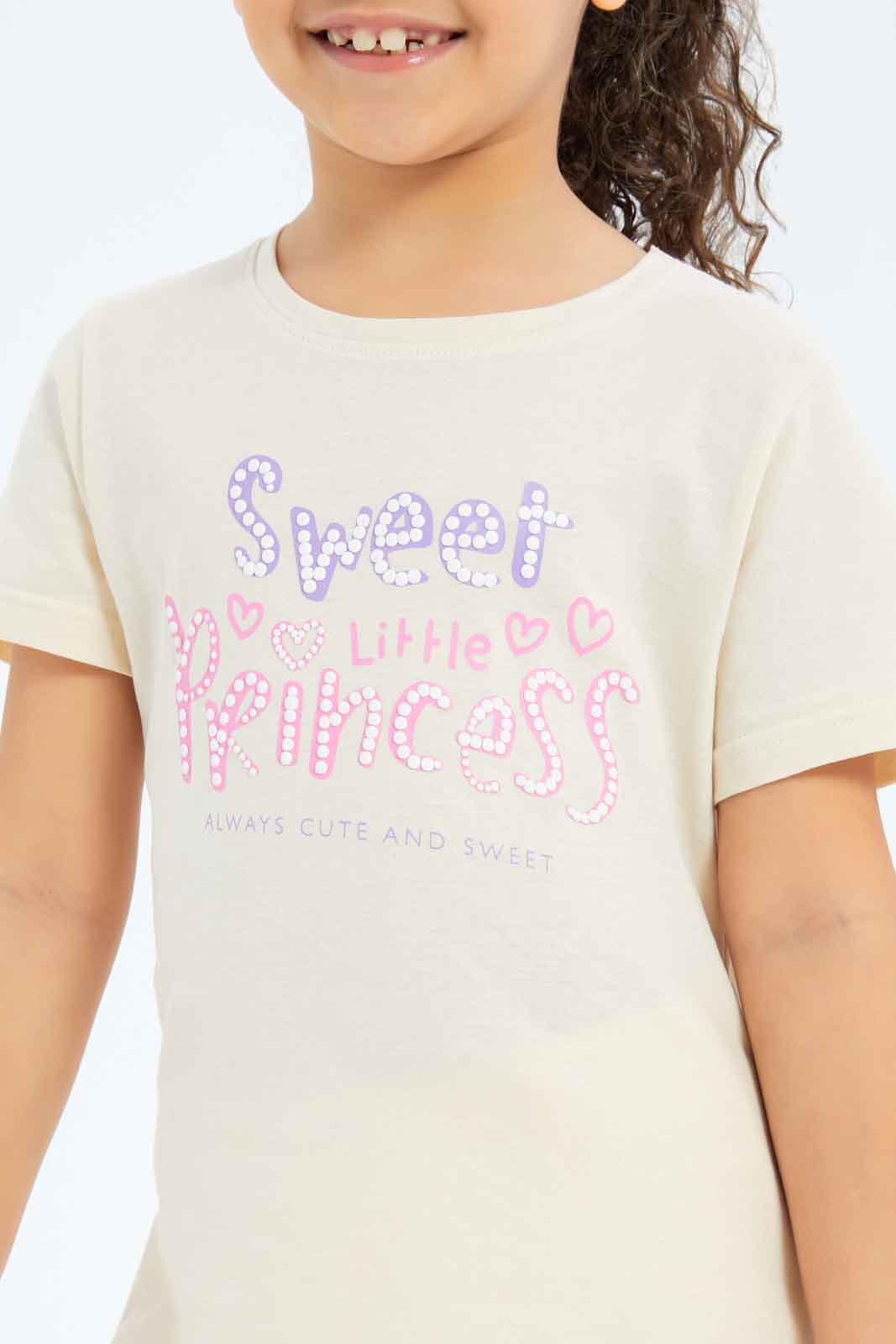 Redtag-Girls-Beige-Princess-Puff-Print-Tee-Category:T-Shirts,-CHA,-Colour:Beige,-Deals:New-In,-Filter:Girls-(2-to-8-Yrs),-GIR-T-Shirts,-New-In-GIR-APL,-Non-Sale,-S23B,-Section:Girls-(0-to-14Yrs),-TBL-Girls-2 to 8 Years